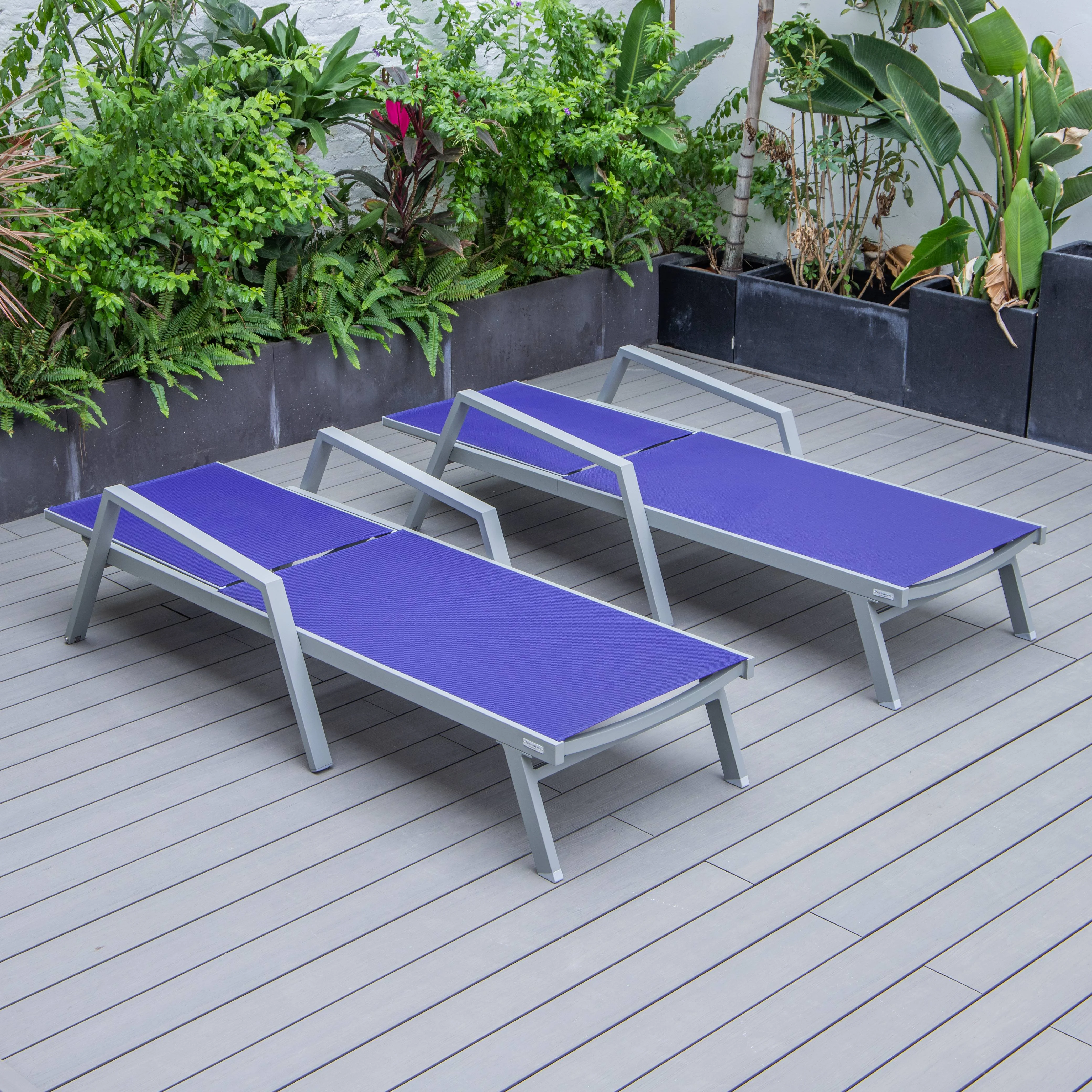Marlin Patio Chaise Lounge Chair With Armrests in Grey Aluminum Frame, Set of 2 in Navy Blue