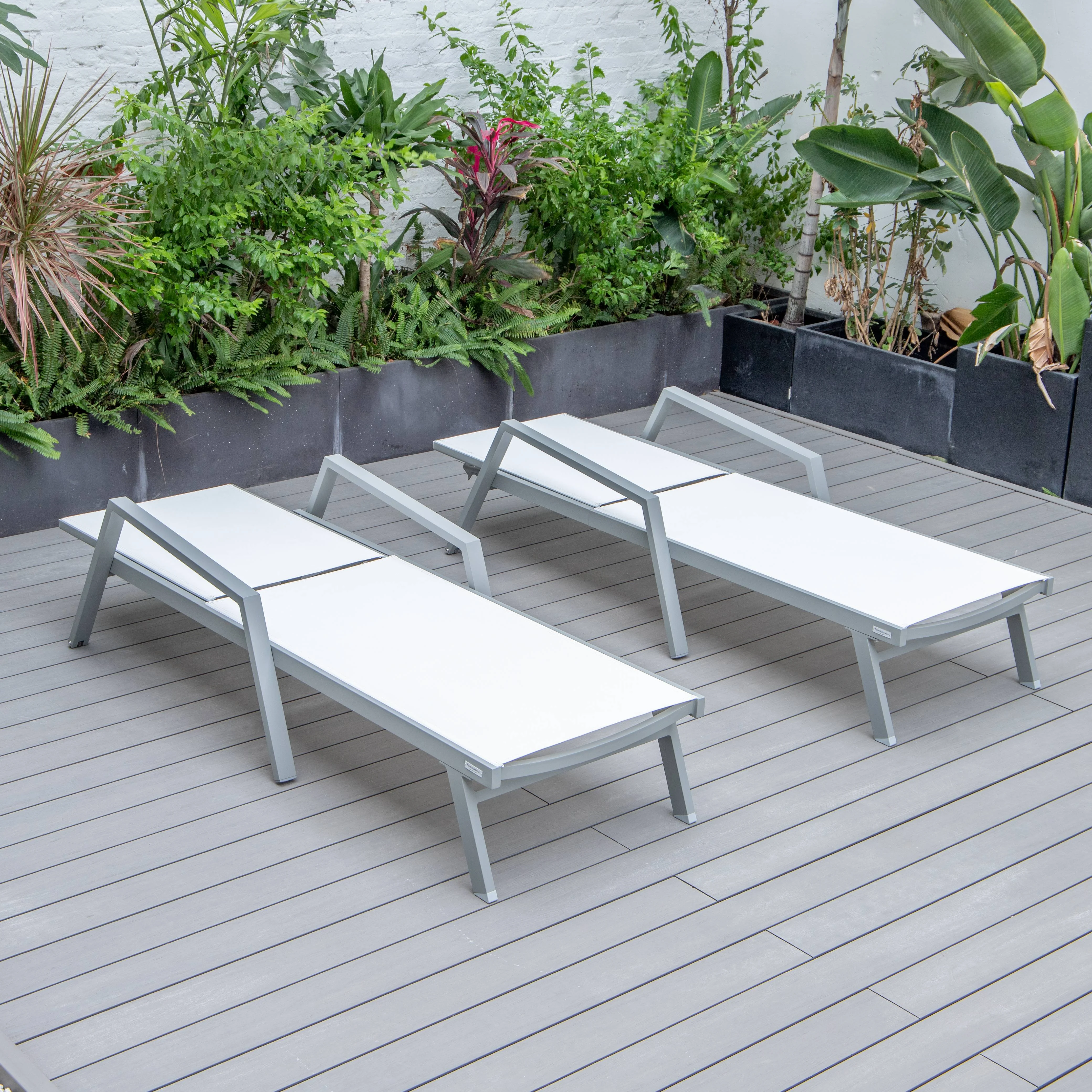 Marlin Patio Chaise Lounge Chair With Armrests in Grey Aluminum Frame, Set of 2 in White