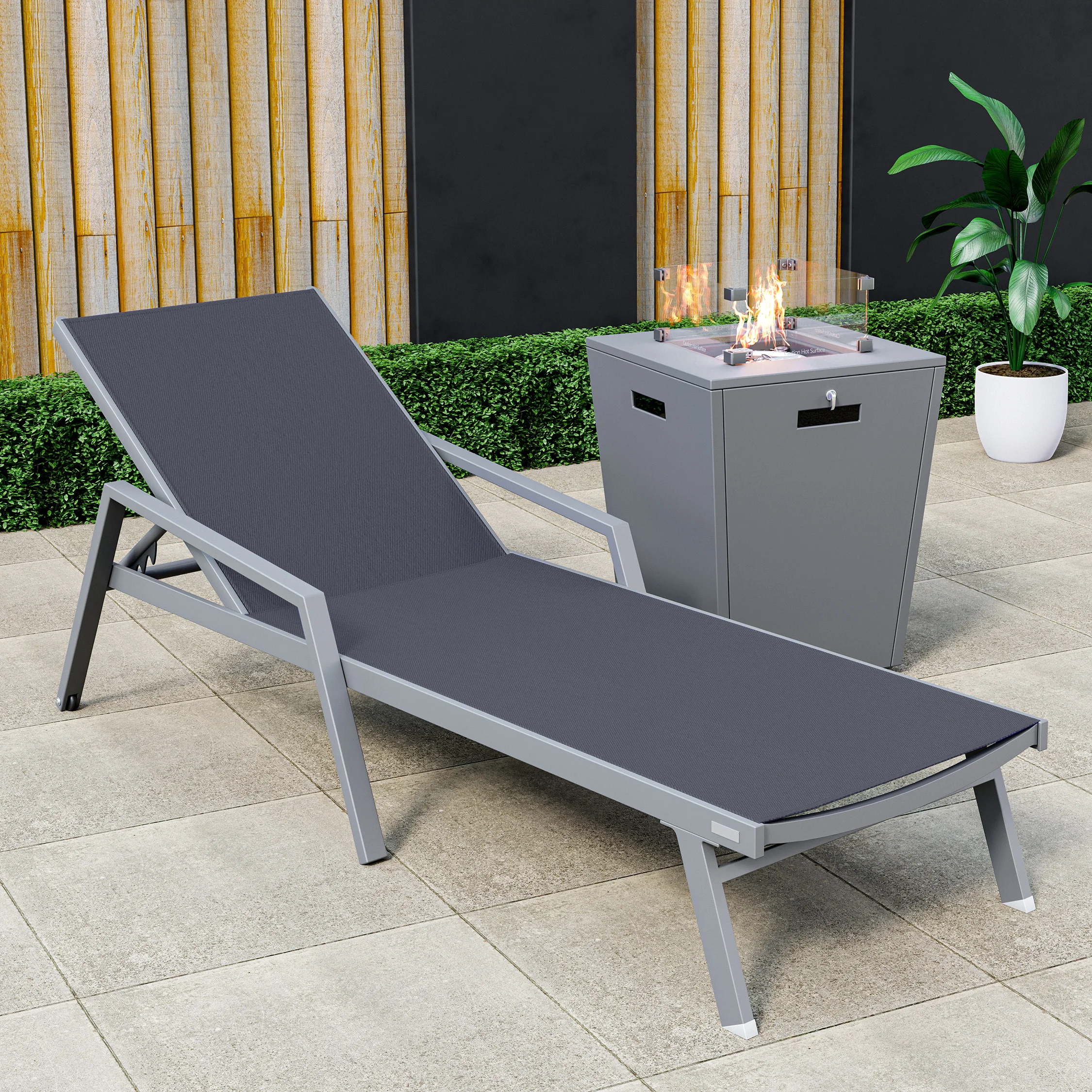 Marlin Modern Grey Aluminum Outdoor Patio Chaise Lounge Chair With Arms and Square Fire Pit Side Table Perfect for Patio, Lawn, and Garden