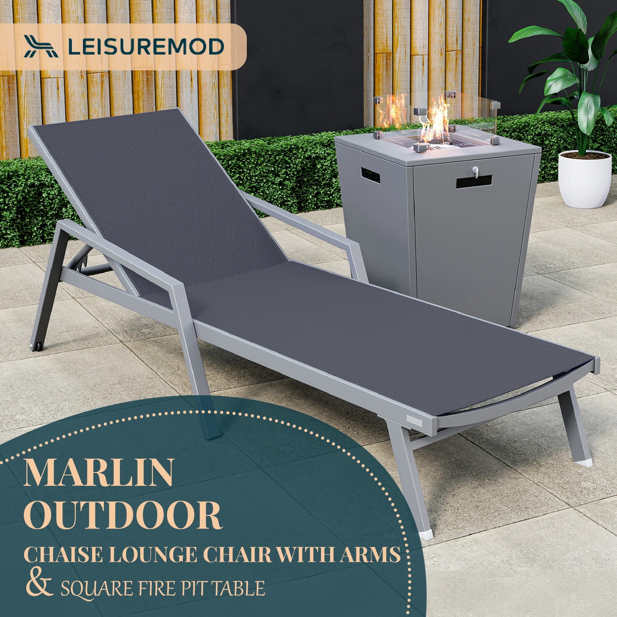 Marlin Modern Grey Aluminum Outdoor Patio Chaise Lounge Chair With Arms and Square Fire Pit Side Table Perfect for Patio, Lawn, and Garden