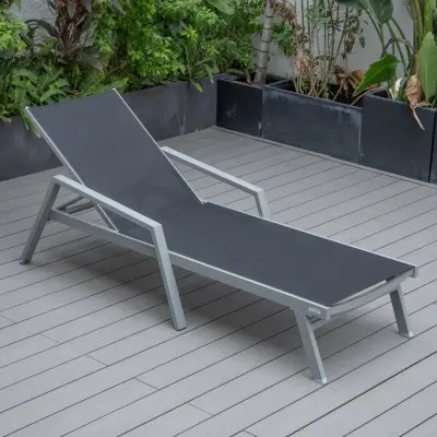 Marlin Modern Grey Aluminum Outdoor Patio Chaise Lounge Chair With Arms and Square Fire Pit Side Table Perfect for Patio, Lawn, and Garden
