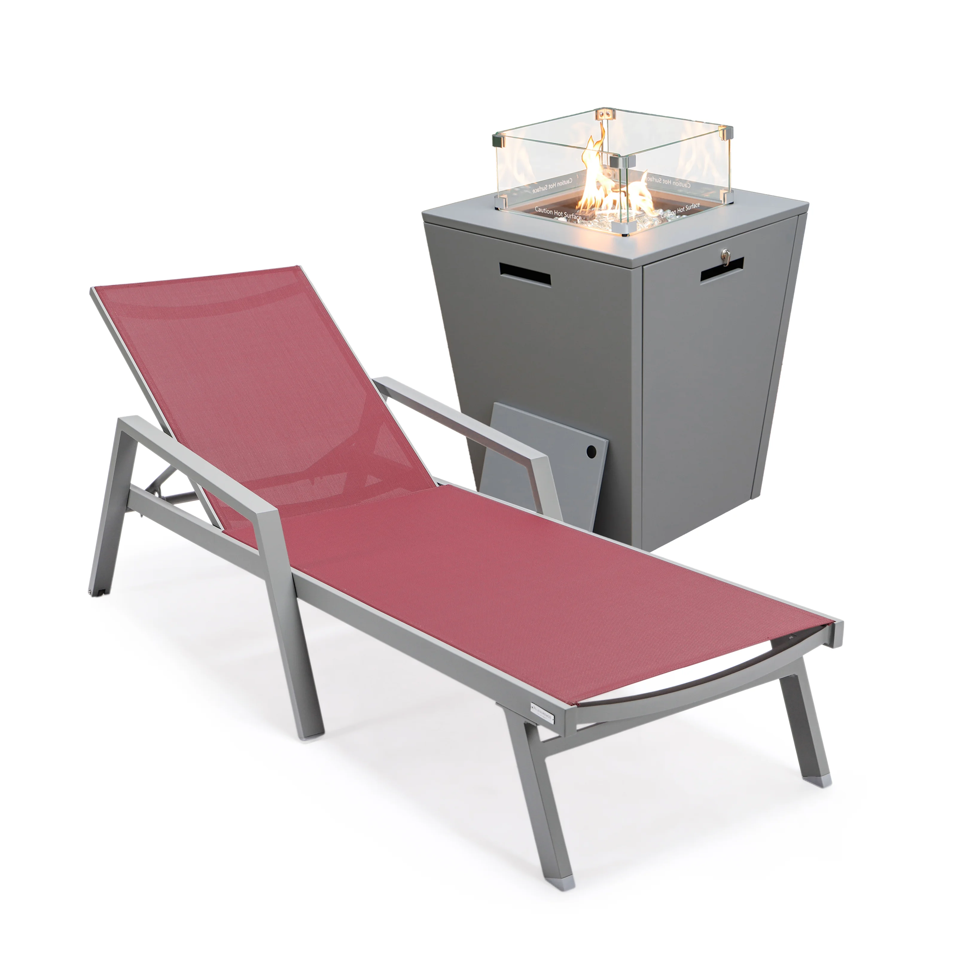 Marlin Modern Grey Aluminum Outdoor Patio Chaise Lounge Chair With Arms and Square Fire Pit Side Table Perfect for Patio, Lawn, and Garden