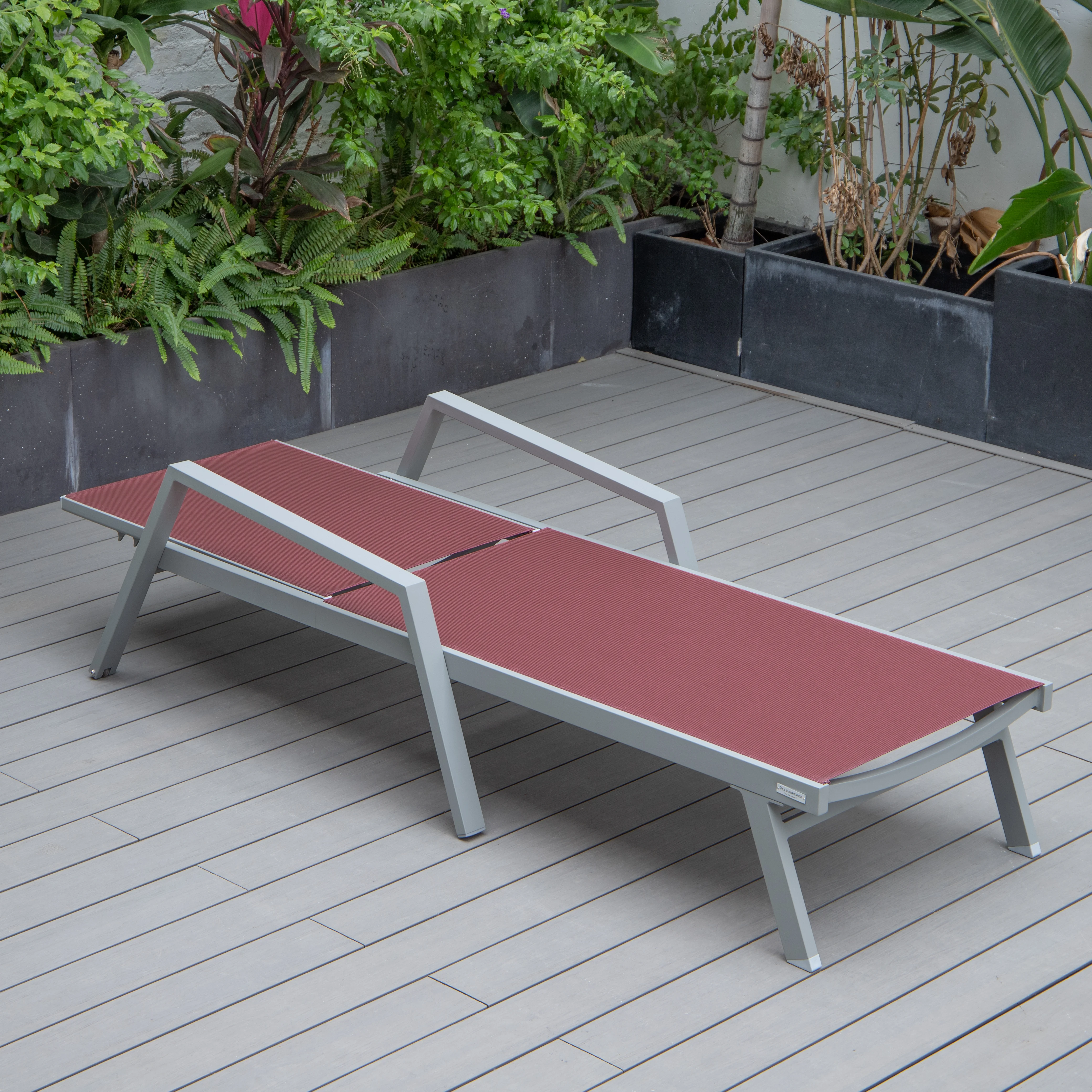 Marlin Modern Grey Aluminum Outdoor Patio Chaise Lounge Chair With Arms and Square Fire Pit Side Table Perfect for Patio, Lawn, and Garden