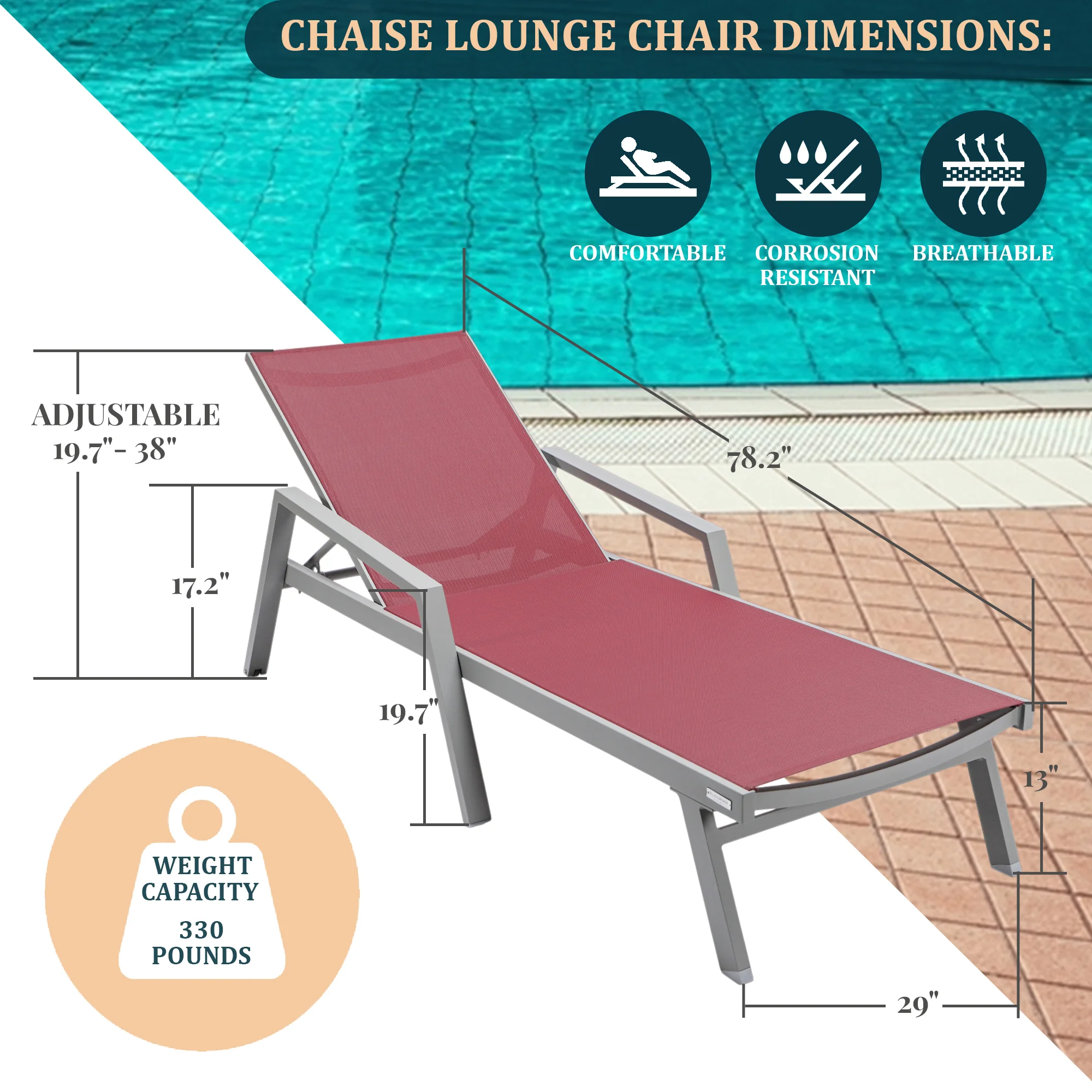 Marlin Modern Grey Aluminum Outdoor Patio Chaise Lounge Chair With Arms and Square Fire Pit Side Table Perfect for Patio, Lawn, and Garden