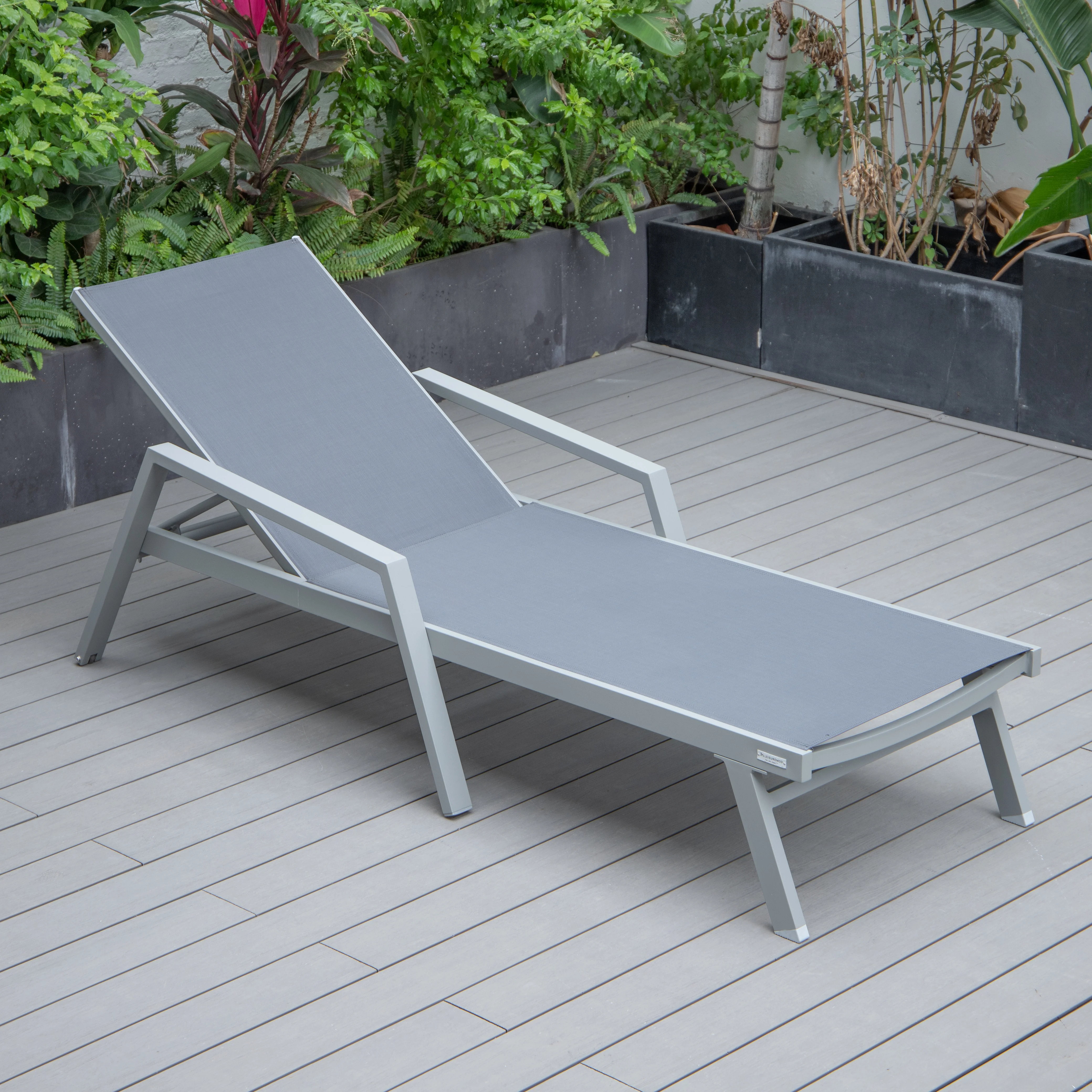 Marlin Modern Grey Aluminum Outdoor Patio Chaise Lounge Chair With Arms and Square Fire Pit Side Table Perfect for Patio, Lawn, and Garden