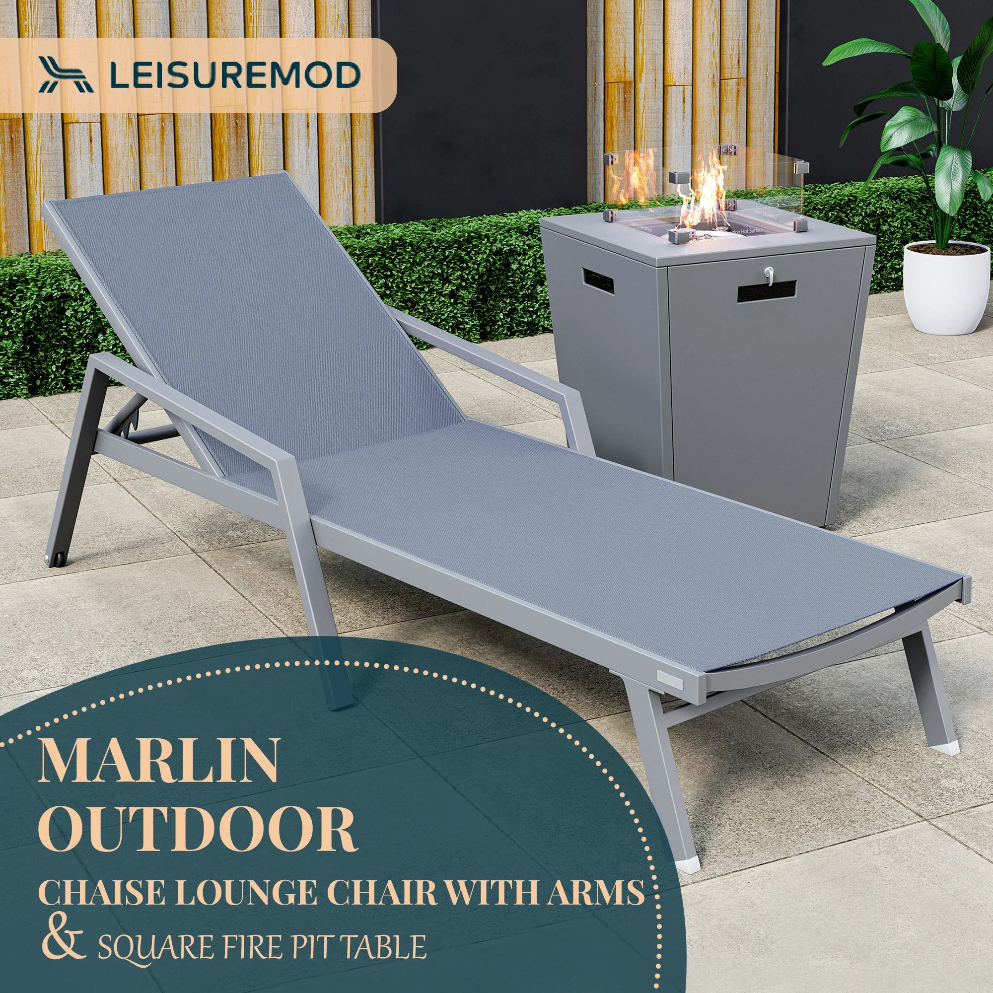 Marlin Modern Grey Aluminum Outdoor Patio Chaise Lounge Chair With Arms and Square Fire Pit Side Table Perfect for Patio, Lawn, and Garden