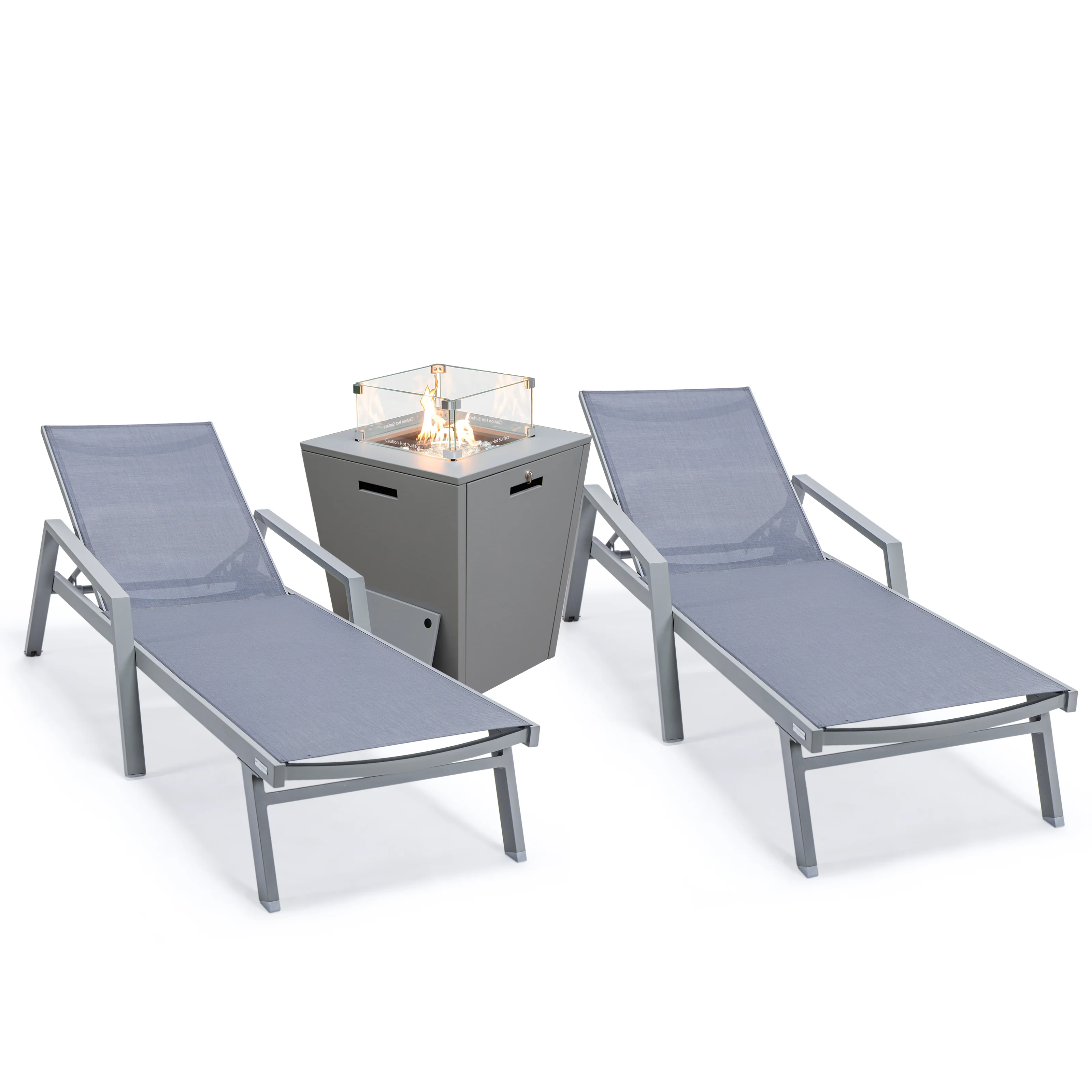 Marlin Modern Aluminum Outdoor Patio Chaise Lounge Chair With Arms Set of 2 with Square Fire Pit Side Table Perfect for Patio, Lawn, and Garden
