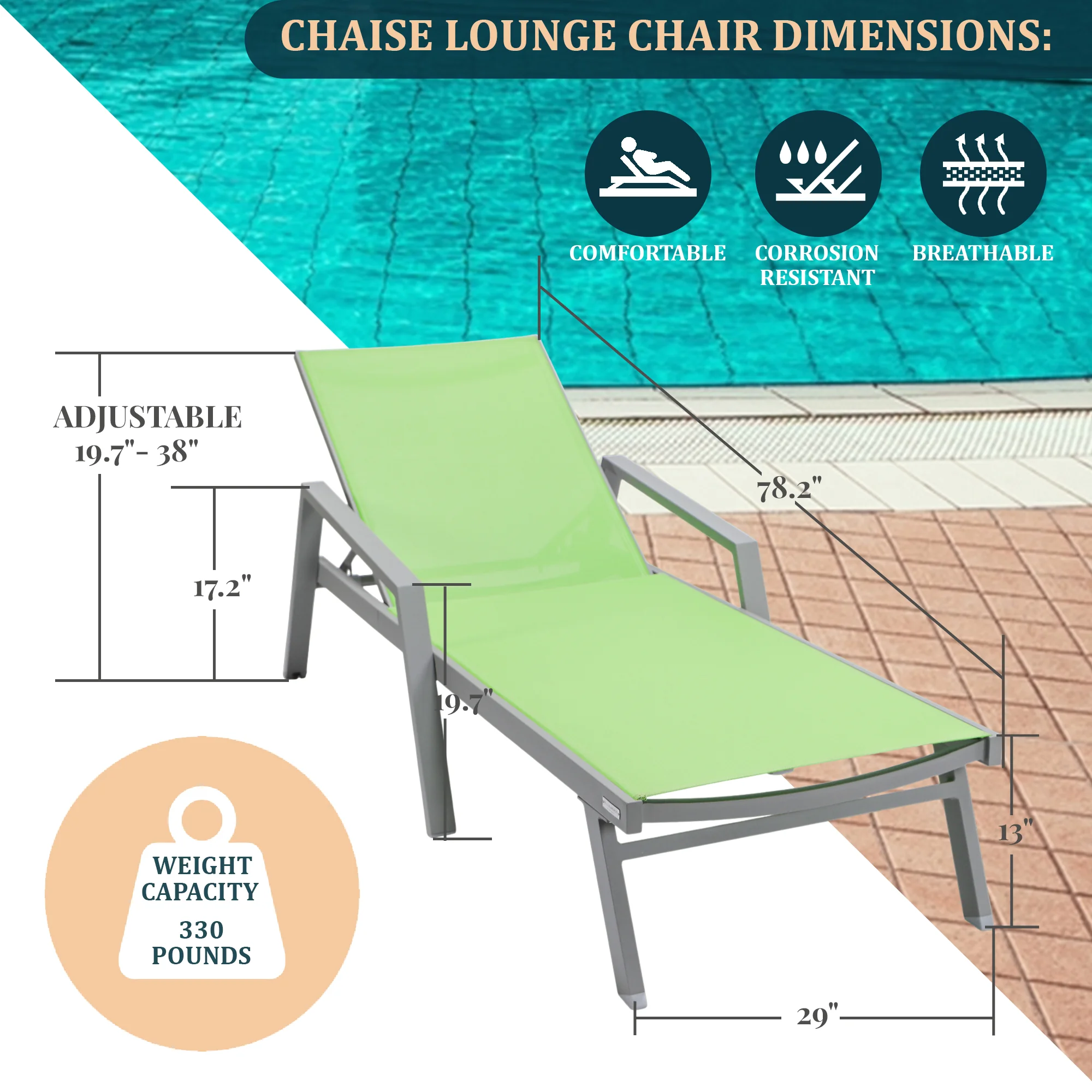 Marlin Modern Grey Aluminum Outdoor Patio Chaise Lounge Chair With Arms and Square Fire Pit Side Table Perfect for Patio, Lawn, and Garden