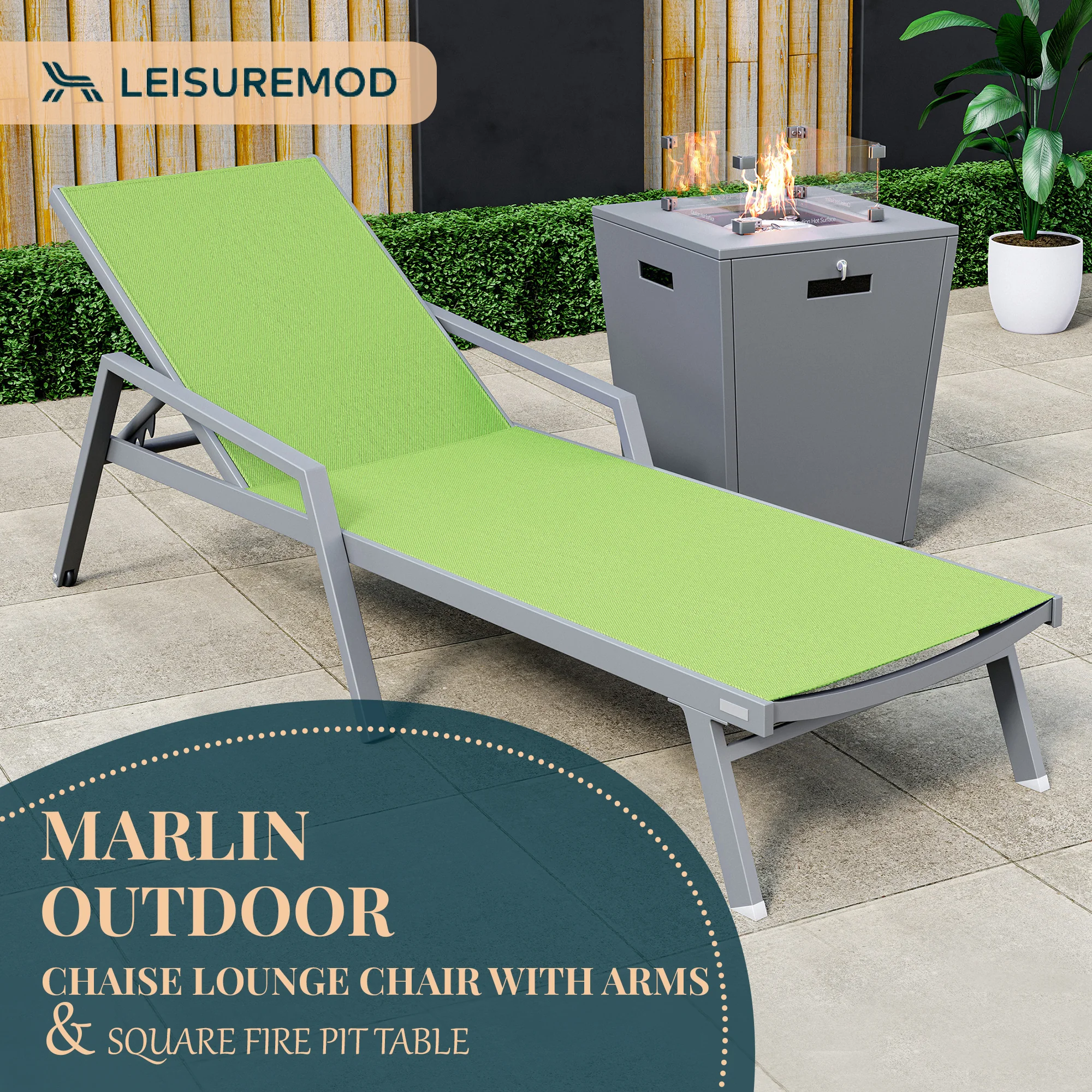 Marlin Modern Grey Aluminum Outdoor Patio Chaise Lounge Chair With Arms and Square Fire Pit Side Table Perfect for Patio, Lawn, and Garden