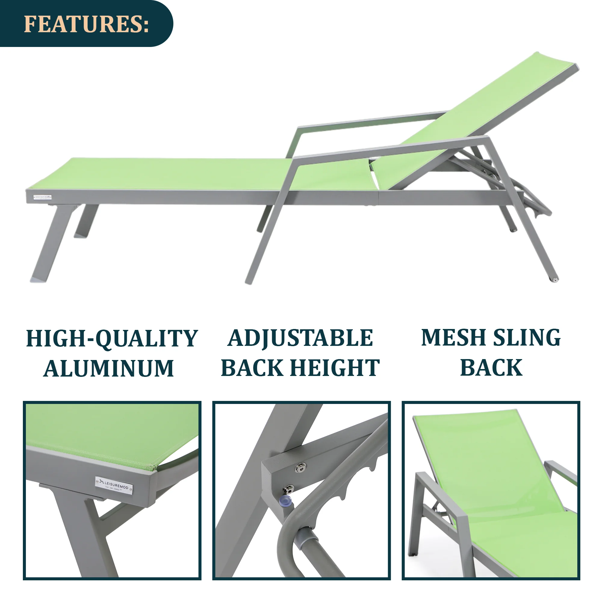 Marlin Modern Grey Aluminum Outdoor Patio Chaise Lounge Chair With Arms and Square Fire Pit Side Table Perfect for Patio, Lawn, and Garden