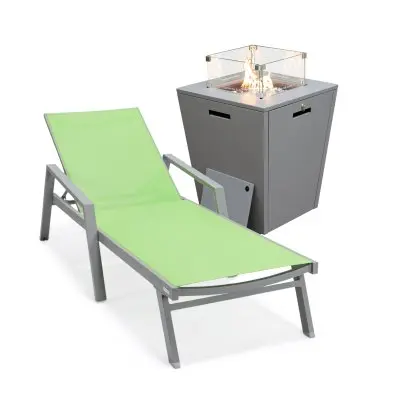 Marlin Modern Grey Aluminum Outdoor Patio Chaise Lounge Chair With Arms and Square Fire Pit Side Table Perfect for Patio, Lawn, and Garden