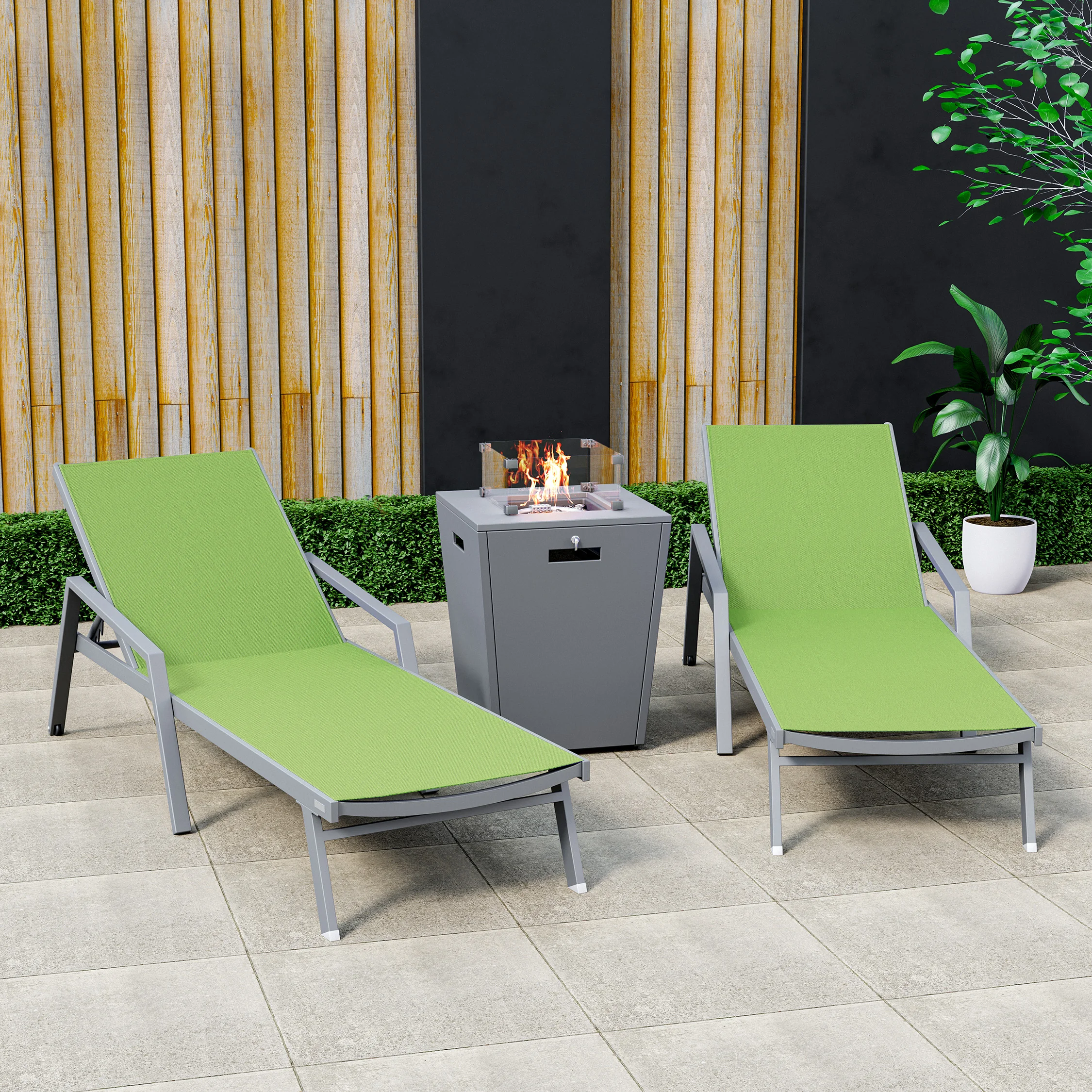 Marlin Modern Aluminum Outdoor Patio Chaise Lounge Chair With Arms Set of 2 with Square Fire Pit Side Table Perfect for Patio, Lawn, and Garden