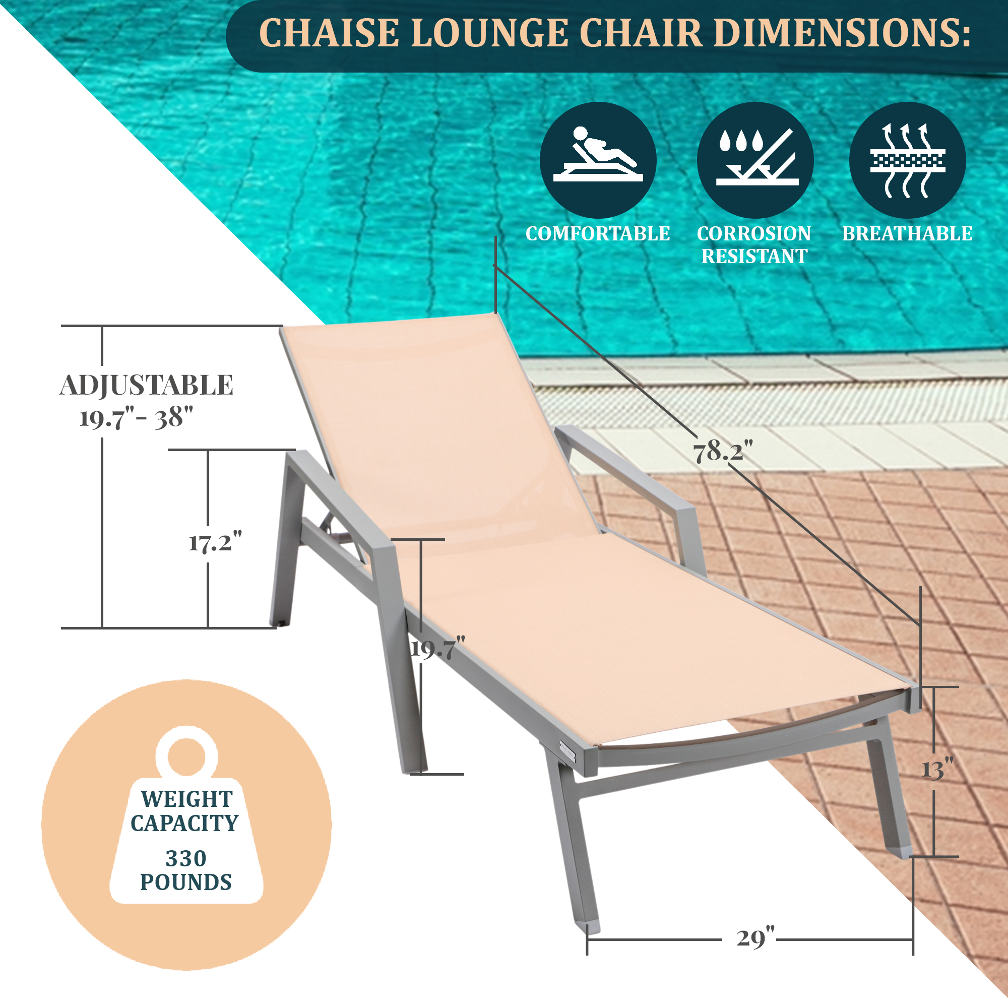 Marlin Modern Grey Aluminum Outdoor Patio Chaise Lounge Chair With Arms and Square Fire Pit Side Table Perfect for Patio, Lawn, and Garden