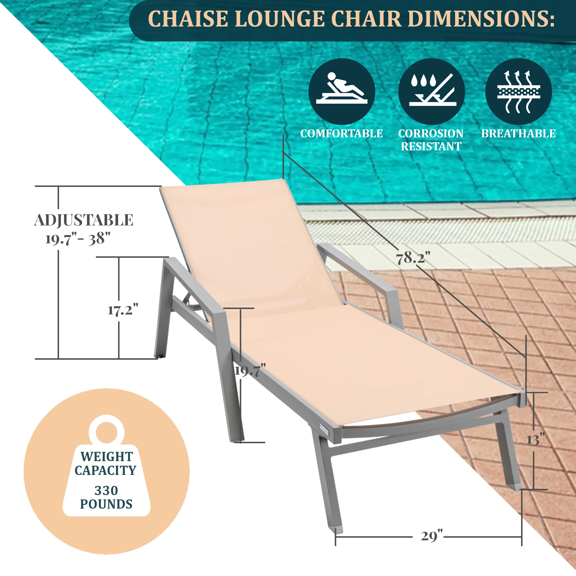Marlin Modern Grey Aluminum Outdoor Patio Chaise Lounge Chair With Arms and Square Fire Pit Side Table Perfect for Patio, Lawn, and Garden