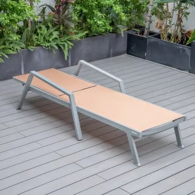 Marlin Modern Grey Aluminum Outdoor Patio Chaise Lounge Chair With Arms and Square Fire Pit Side Table Perfect for Patio, Lawn, and Garden