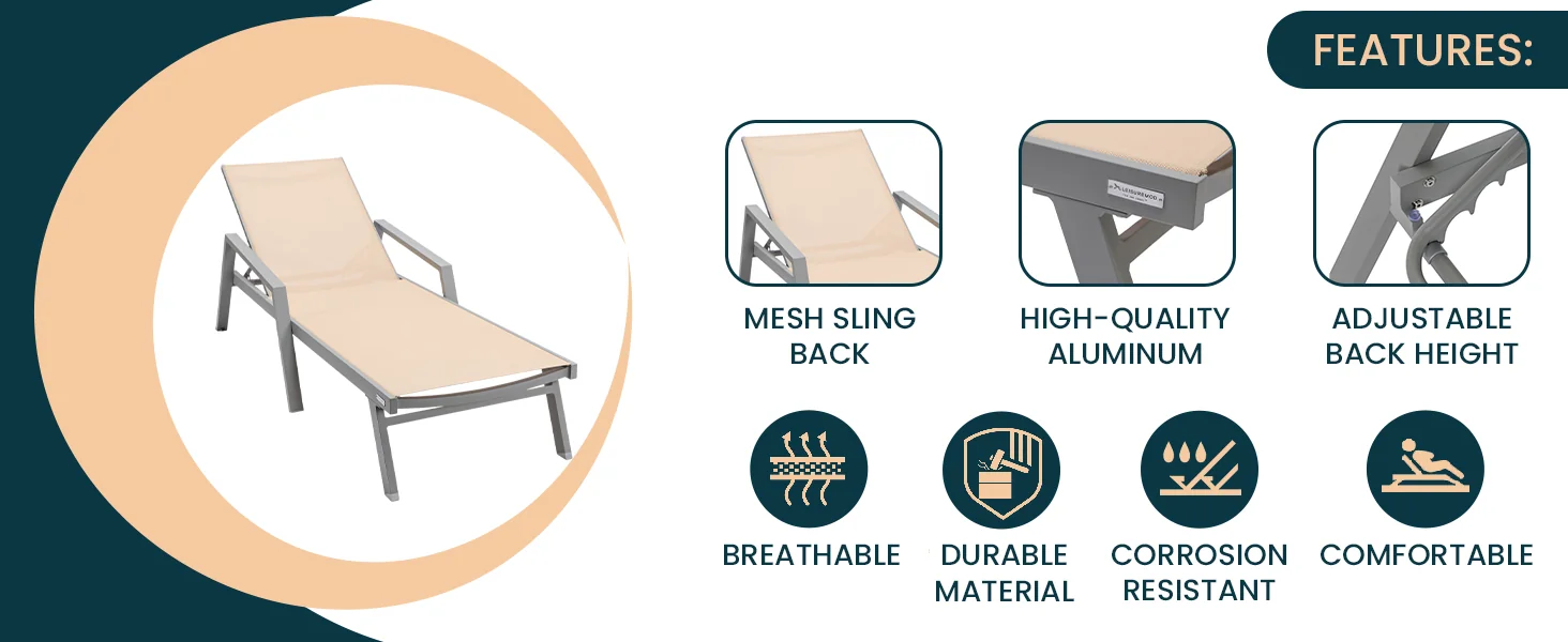 Marlin Modern Aluminum Outdoor Patio Chaise Lounge Chair With Arms Set of 2 with Square Fire Pit Side Table Perfect for Patio, Lawn, and Garden