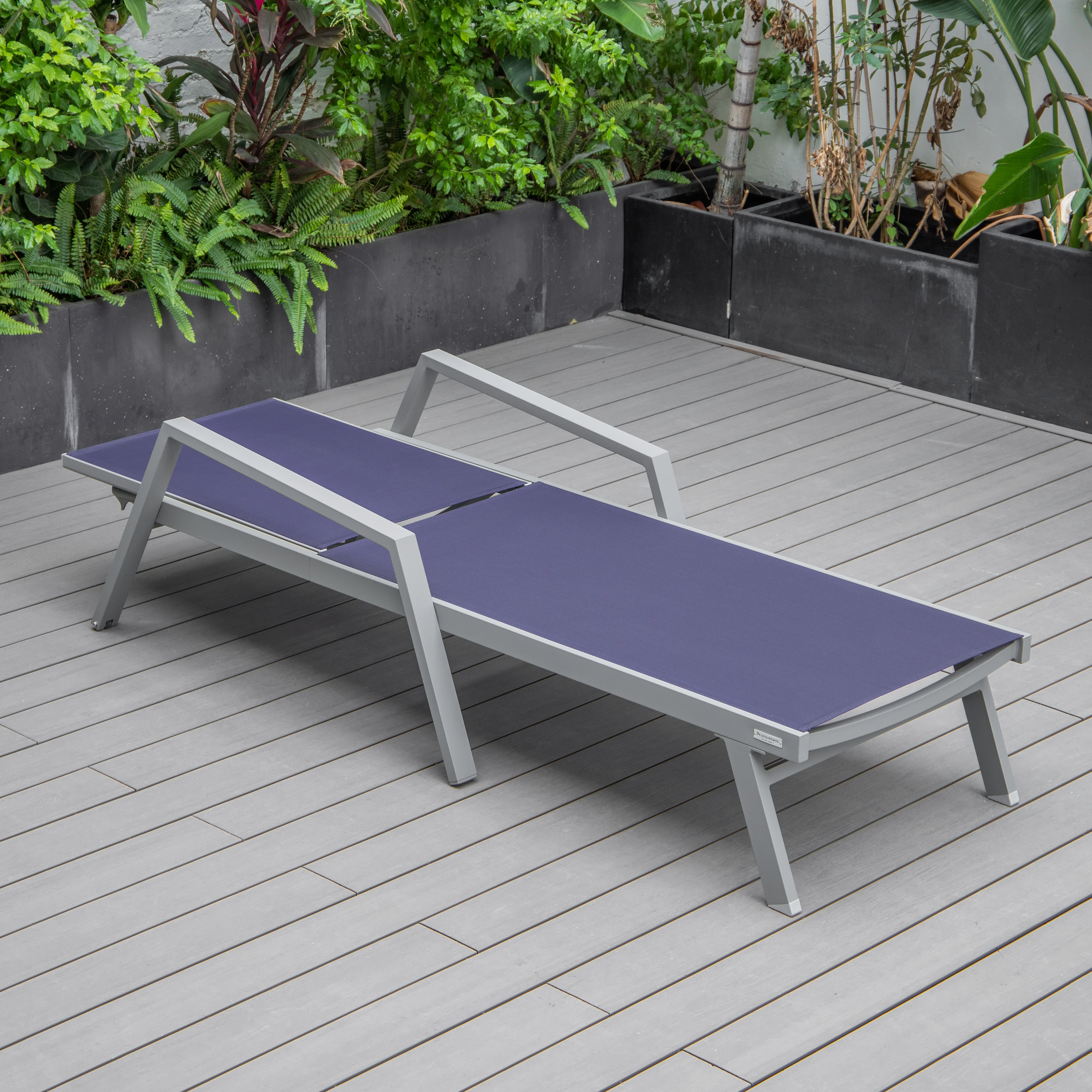 Marlin Modern Grey Aluminum Outdoor Patio Chaise Lounge Chair With Arms and Square Fire Pit Side Table Perfect for Patio, Lawn, and Garden