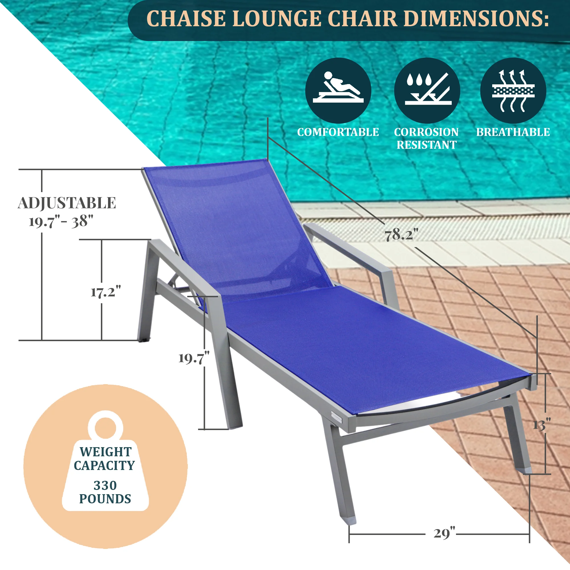 Marlin Modern Grey Aluminum Outdoor Patio Chaise Lounge Chair With Arms and Square Fire Pit Side Table Perfect for Patio, Lawn, and Garden