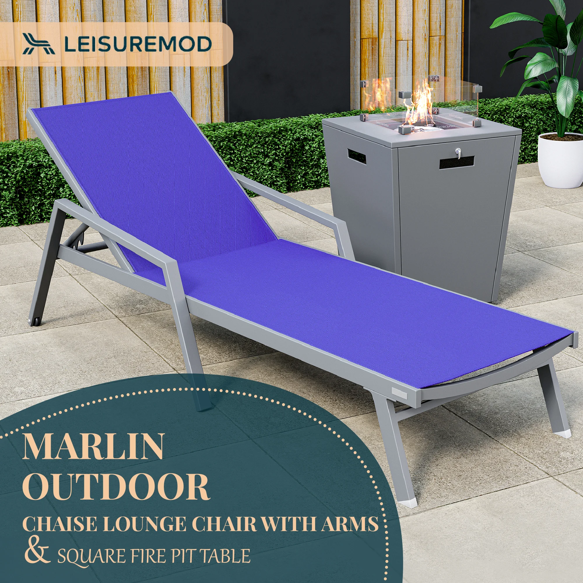 Marlin Modern Grey Aluminum Outdoor Patio Chaise Lounge Chair With Arms and Square Fire Pit Side Table Perfect for Patio, Lawn, and Garden