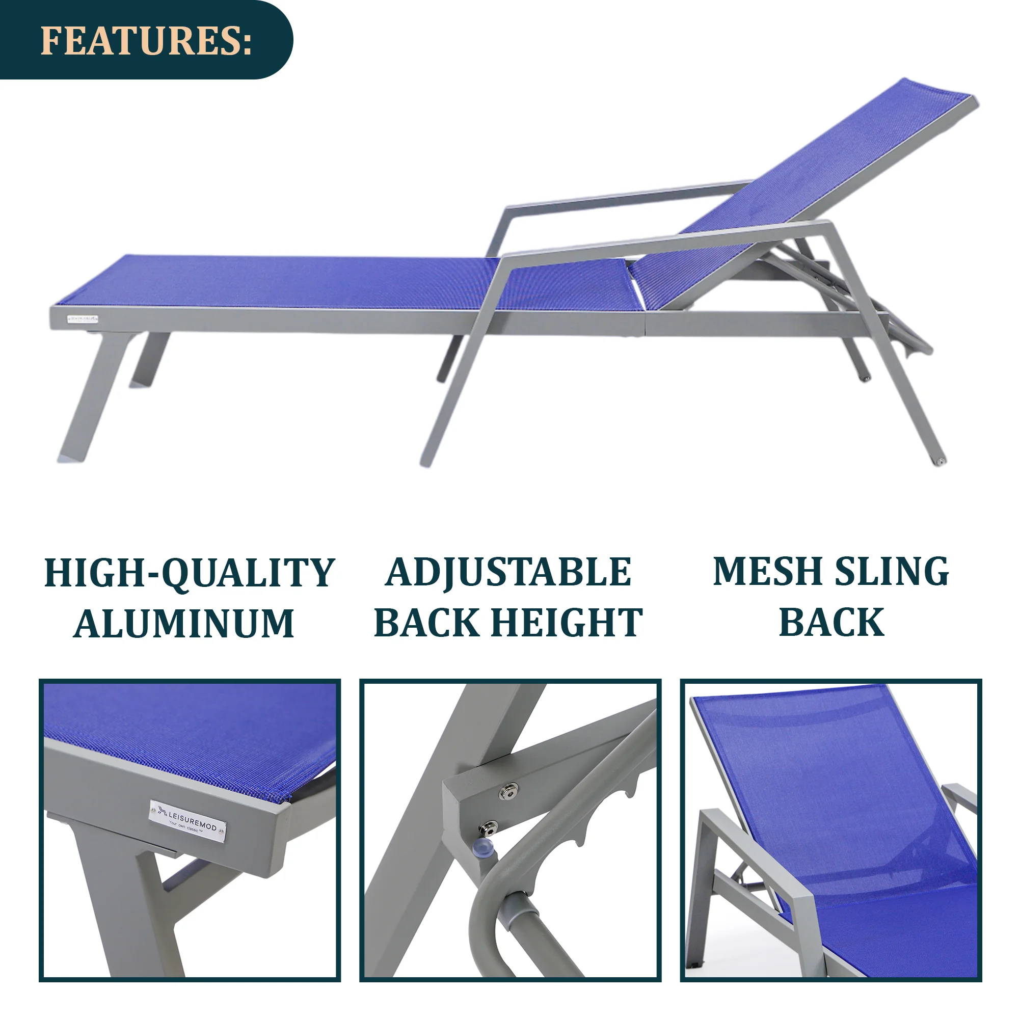 Marlin Modern Grey Aluminum Outdoor Patio Chaise Lounge Chair With Arms and Square Fire Pit Side Table Perfect for Patio, Lawn, and Garden