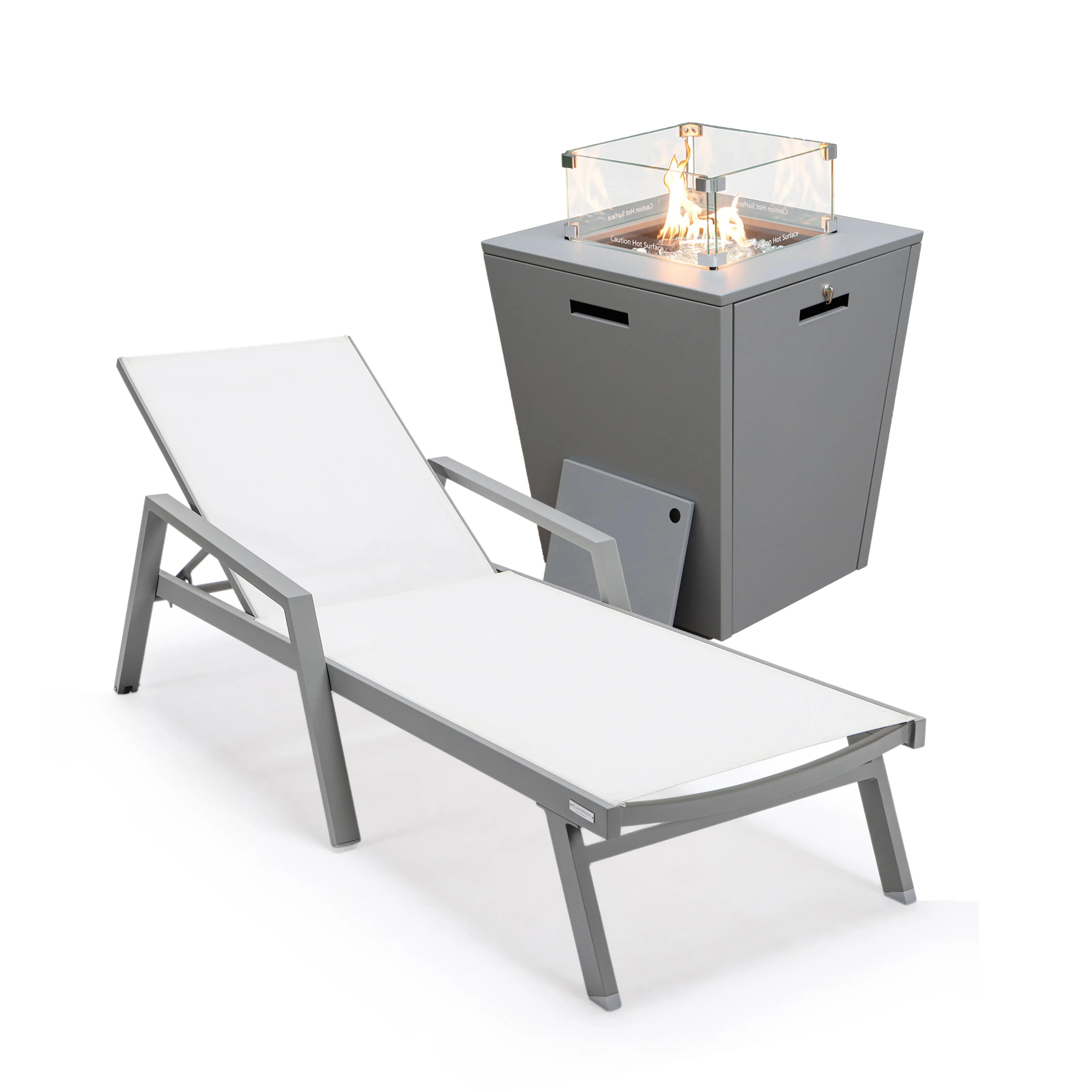 Marlin Modern Grey Aluminum Outdoor Patio Chaise Lounge Chair With Arms and Square Fire Pit Side Table Perfect for Patio, Lawn, and Garden