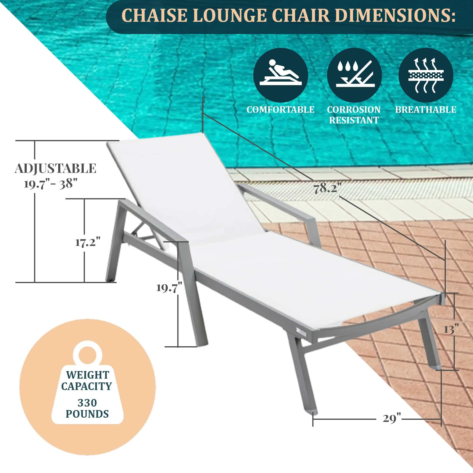Marlin Modern Grey Aluminum Outdoor Patio Chaise Lounge Chair With Arms and Square Fire Pit Side Table Perfect for Patio, Lawn, and Garden