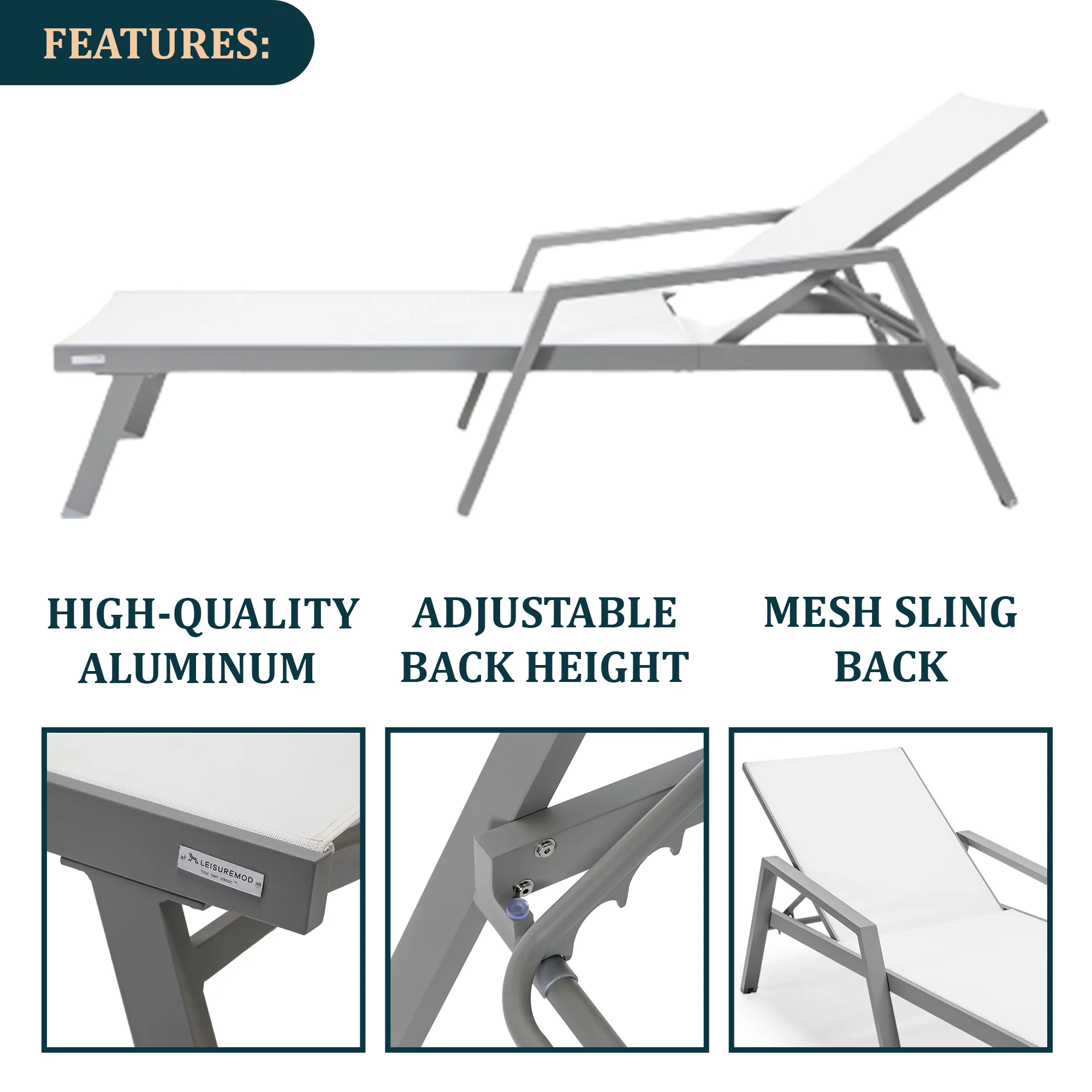 Marlin Modern Grey Aluminum Outdoor Patio Chaise Lounge Chair With Arms and Square Fire Pit Side Table Perfect for Patio, Lawn, and Garden