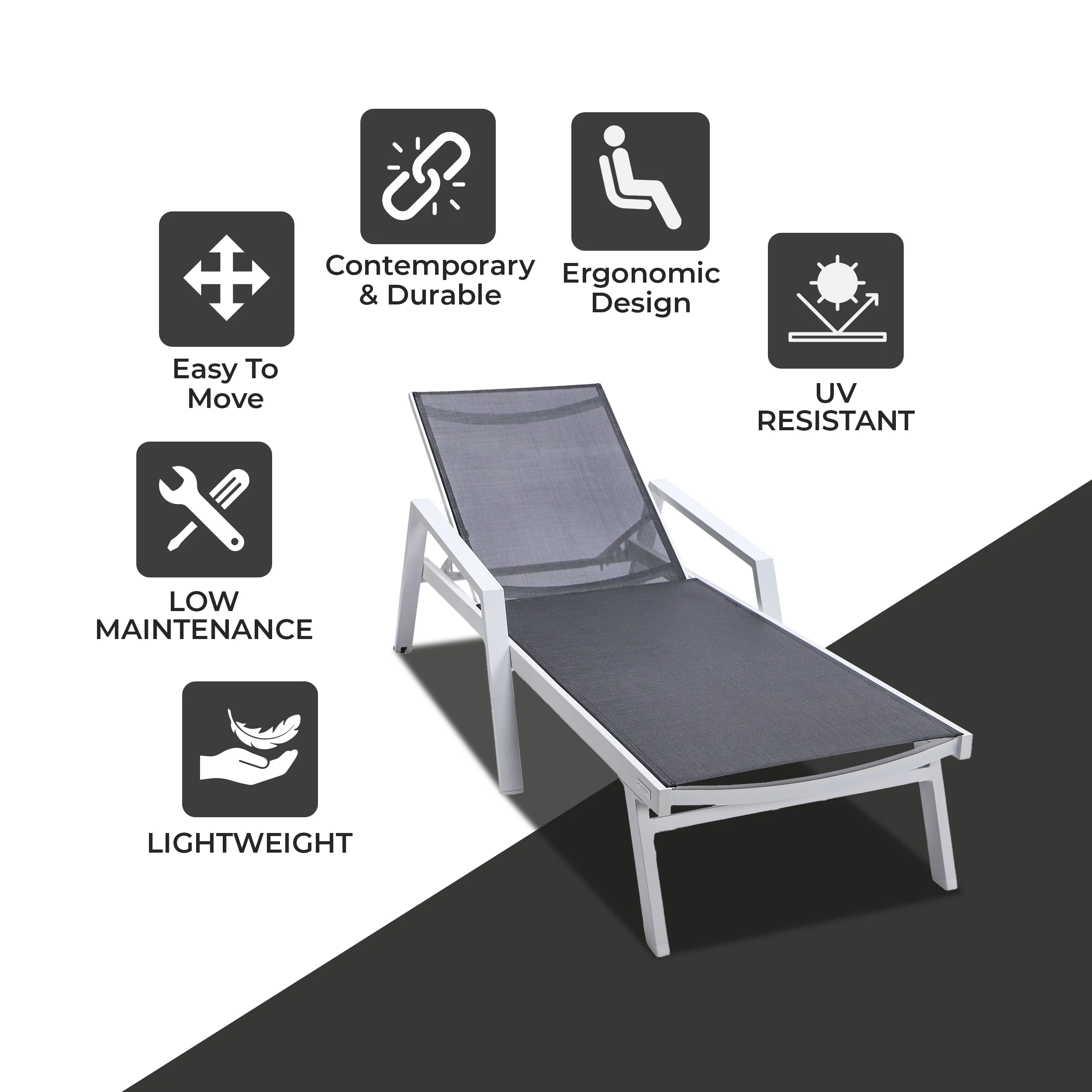 Marlin Patio Chaise Lounge Chair With Armrests in White Aluminum Frame