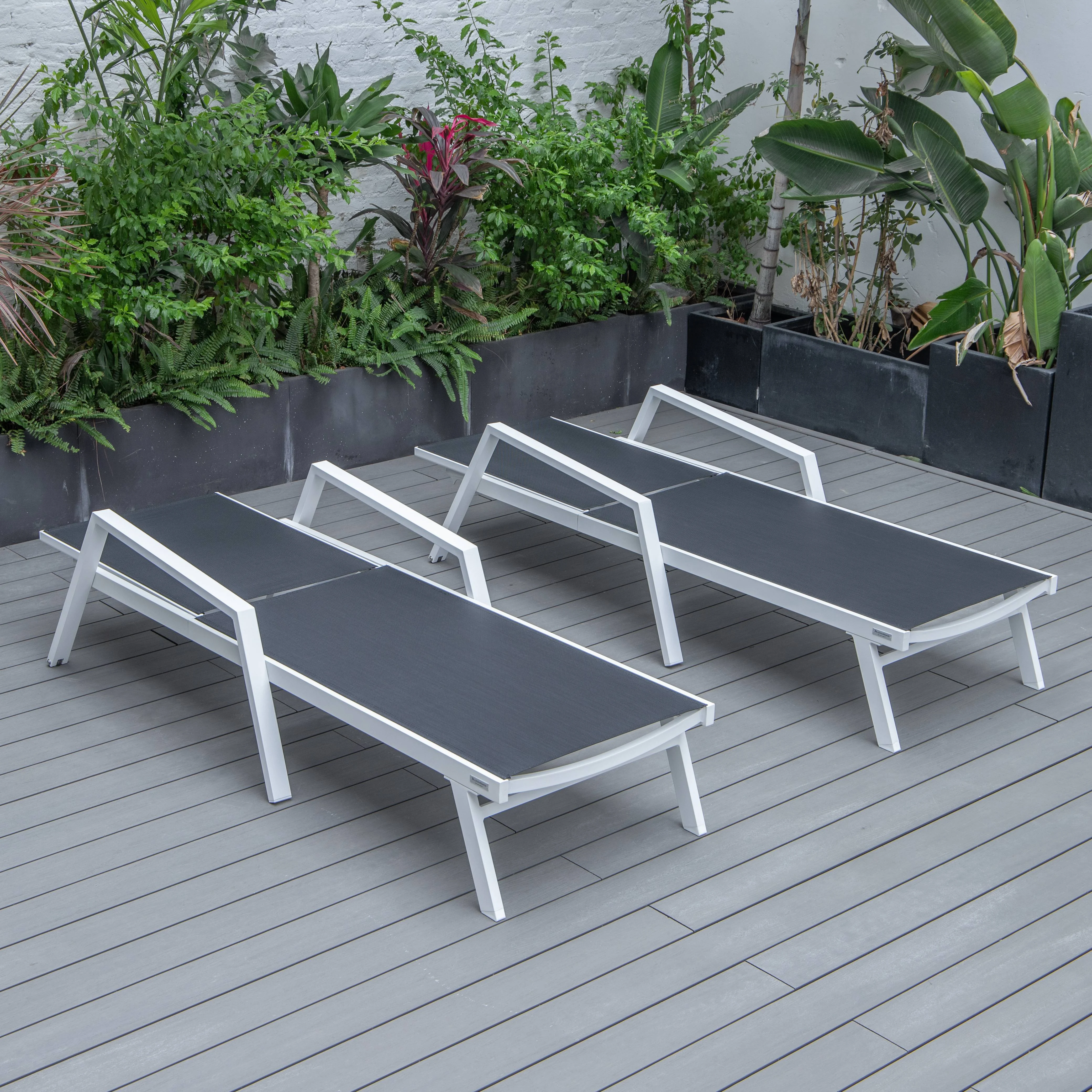 Marlin Patio Chaise Lounge Chair With Armrests in White Aluminum Frame, Set of 2 in Black