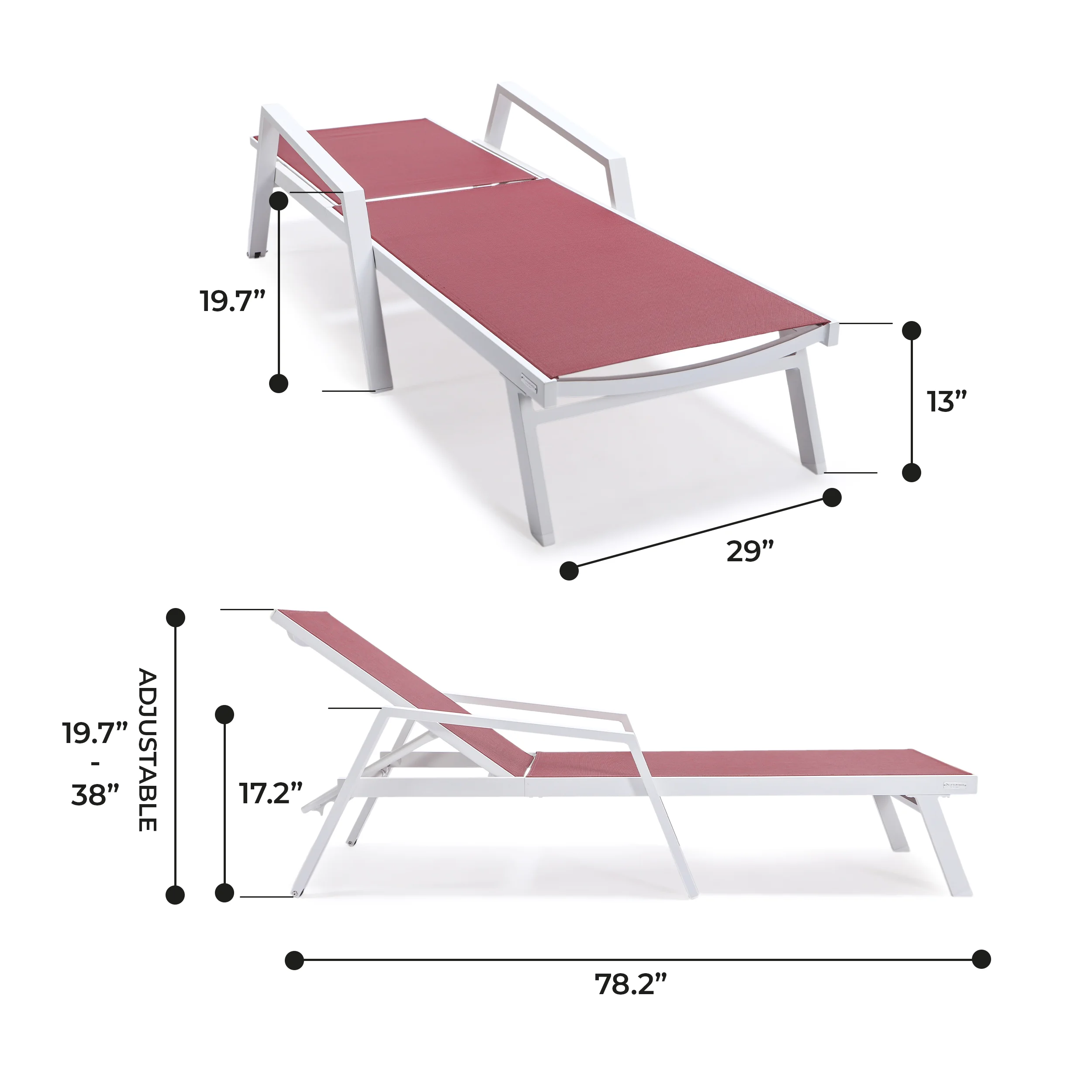 Marlin Patio Chaise Lounge Chair With Armrests in White Aluminum Frame