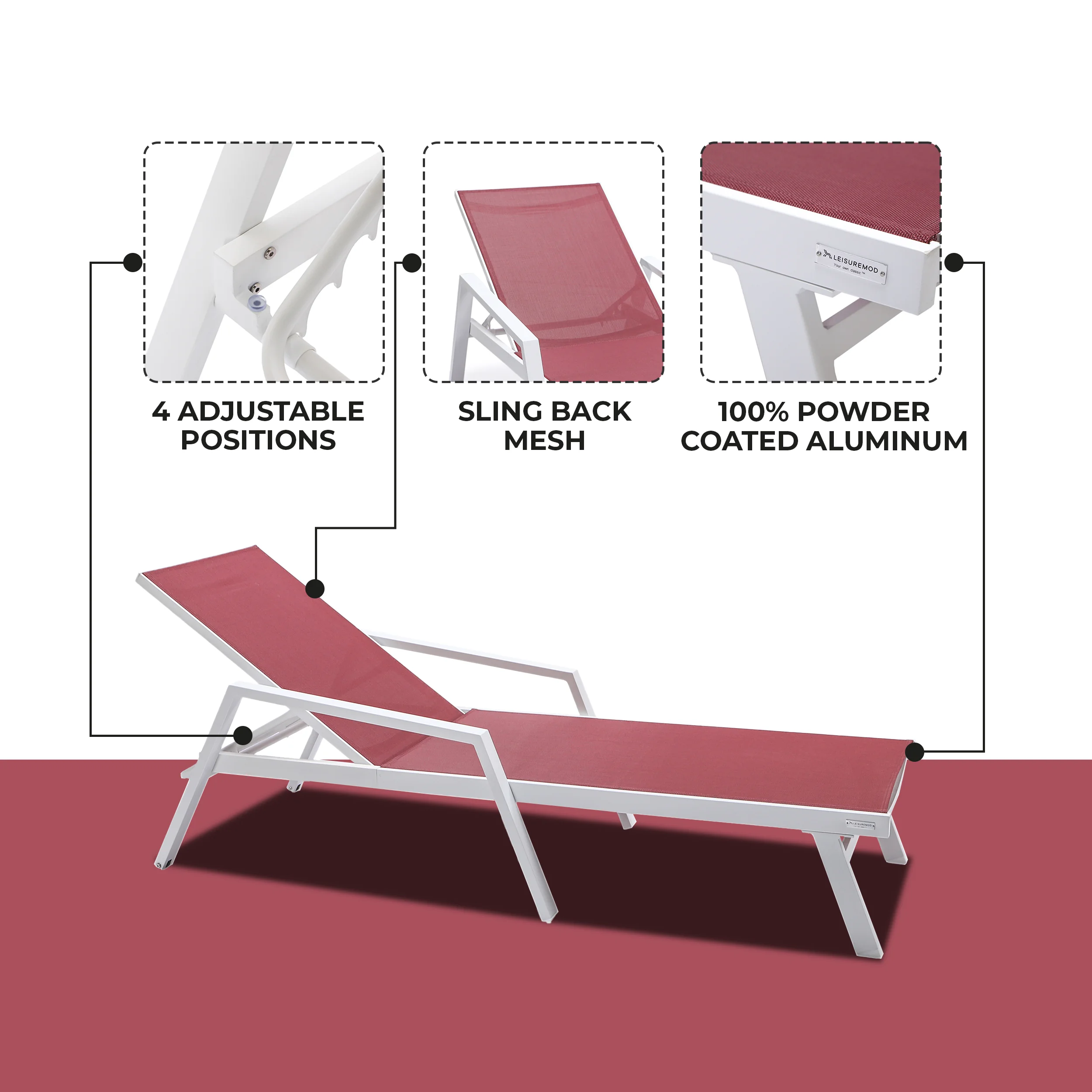 Marlin Patio Chaise Lounge Chair With Armrests in White Aluminum Frame