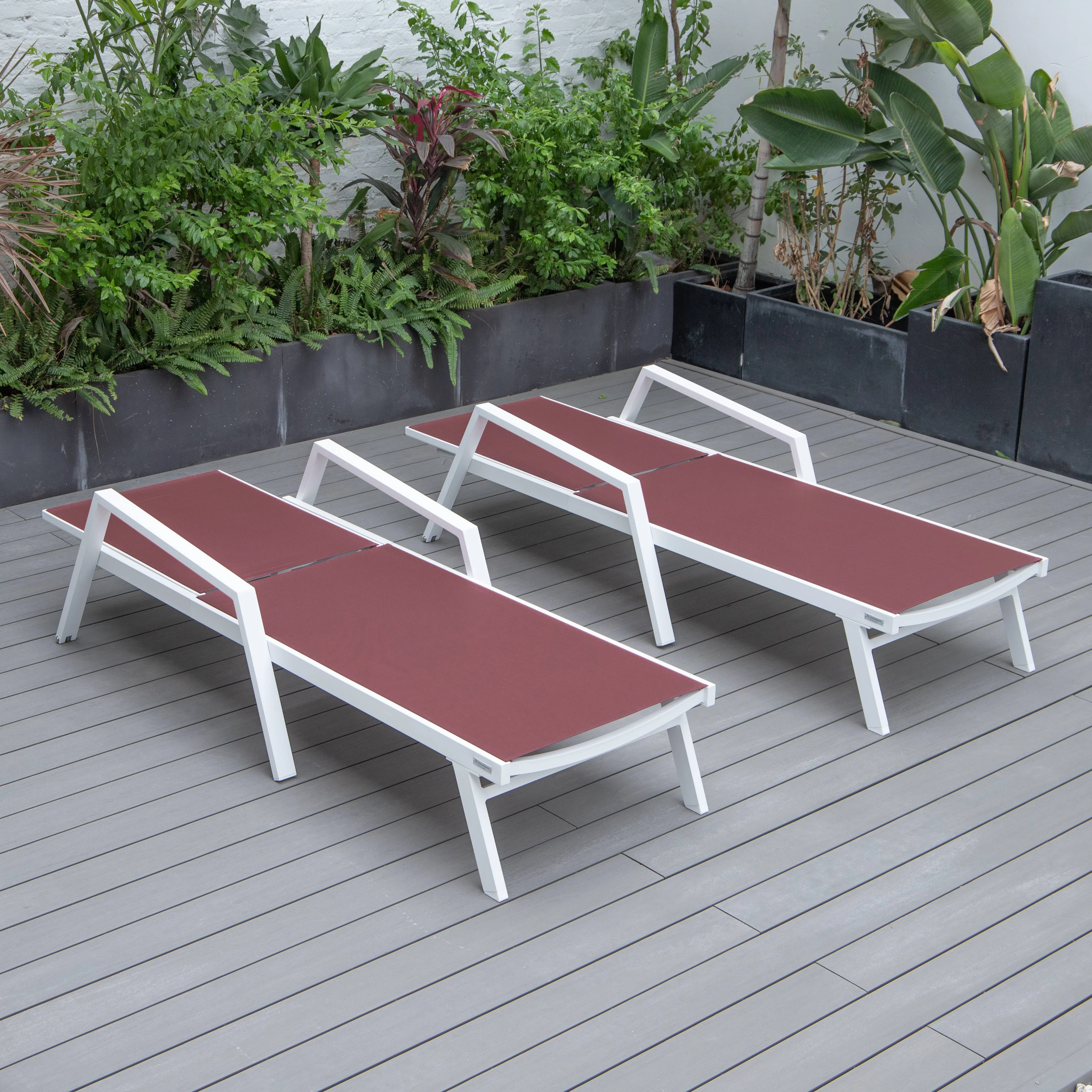 Marlin Patio Chaise Lounge Chair With Armrests in White Aluminum Frame, Set of 2 in Burgundy