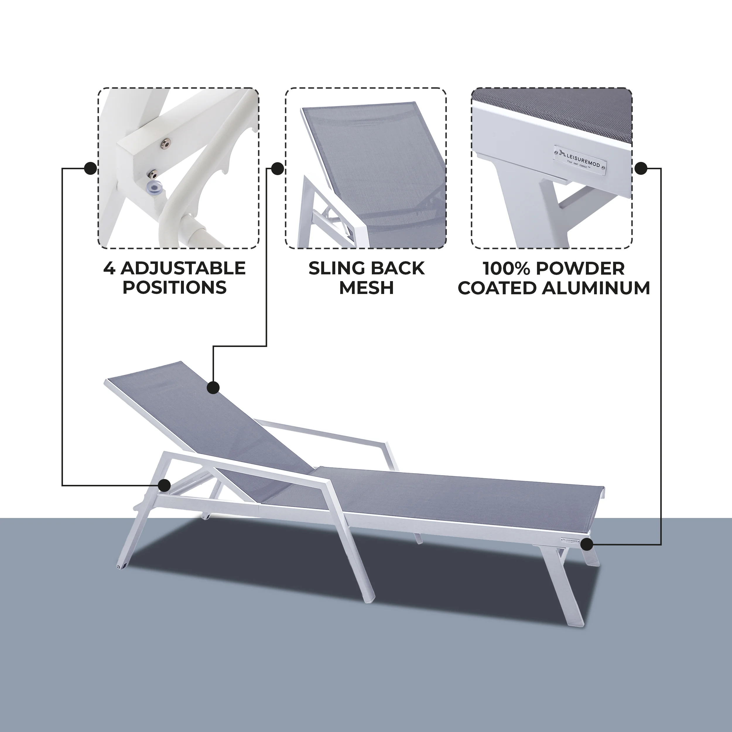 Marlin Patio Chaise Lounge Chair With Armrests in White Aluminum Frame