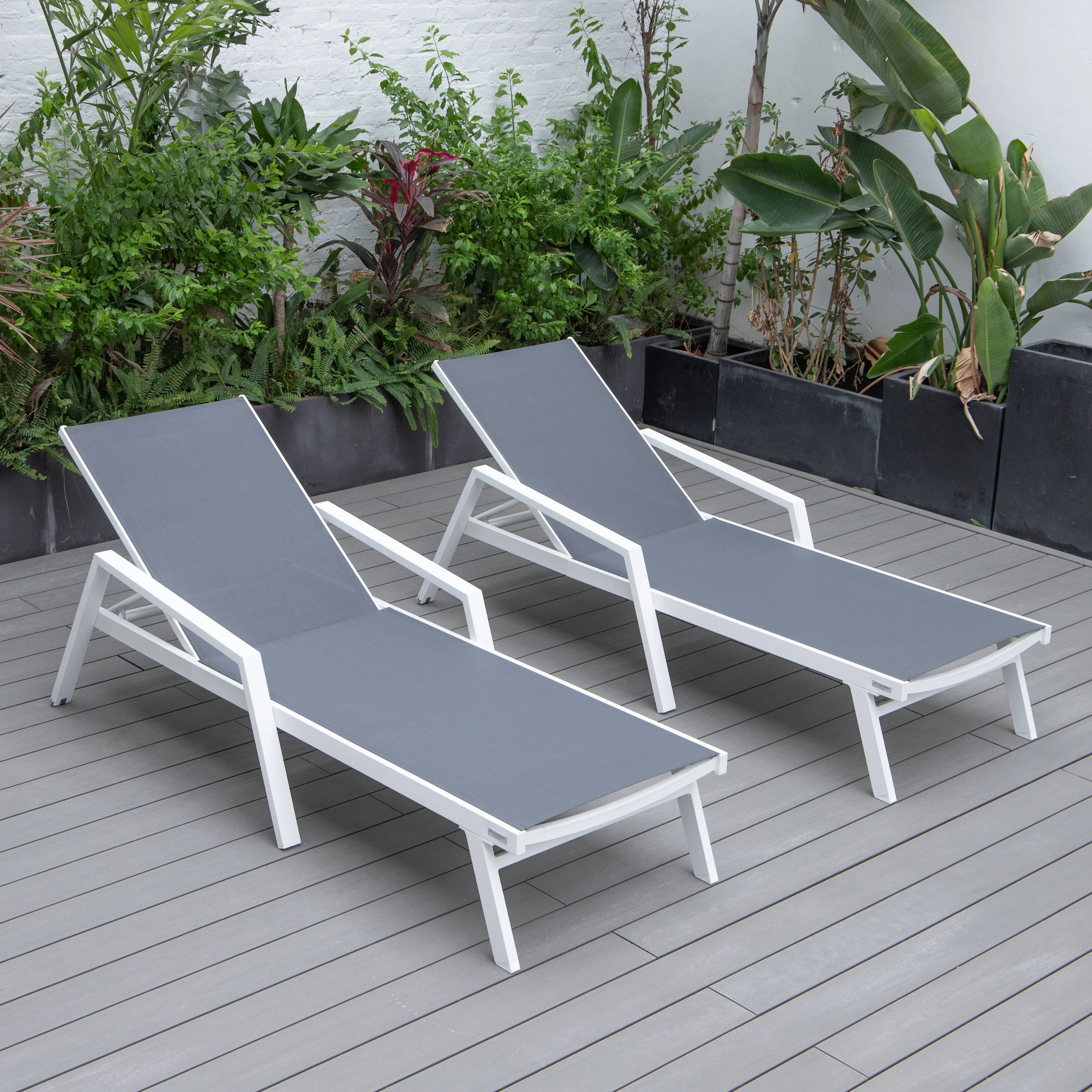 Marlin Patio Chaise Lounge Chair With Armrests in White Aluminum Frame, Set of 2 in Dark Grey