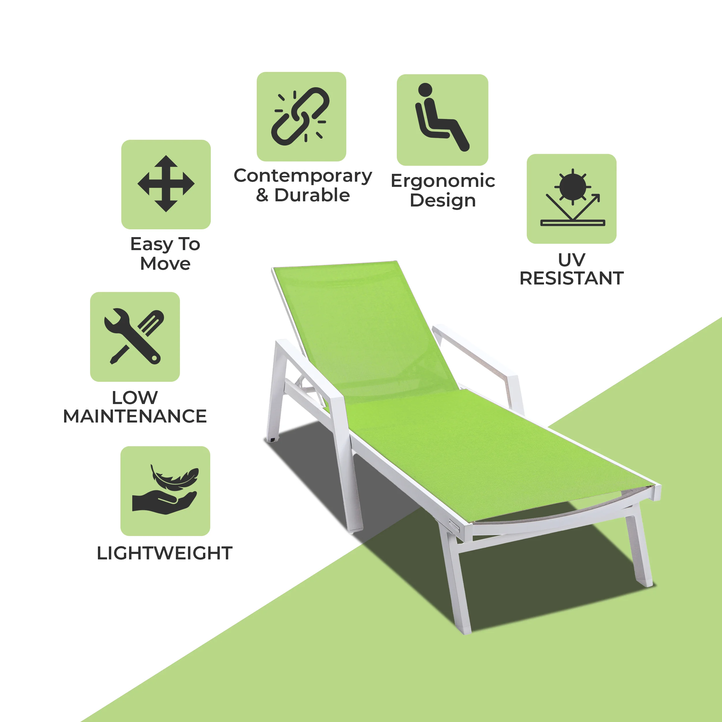 Marlin Patio Chaise Lounge Chair With Armrests in White Aluminum Frame