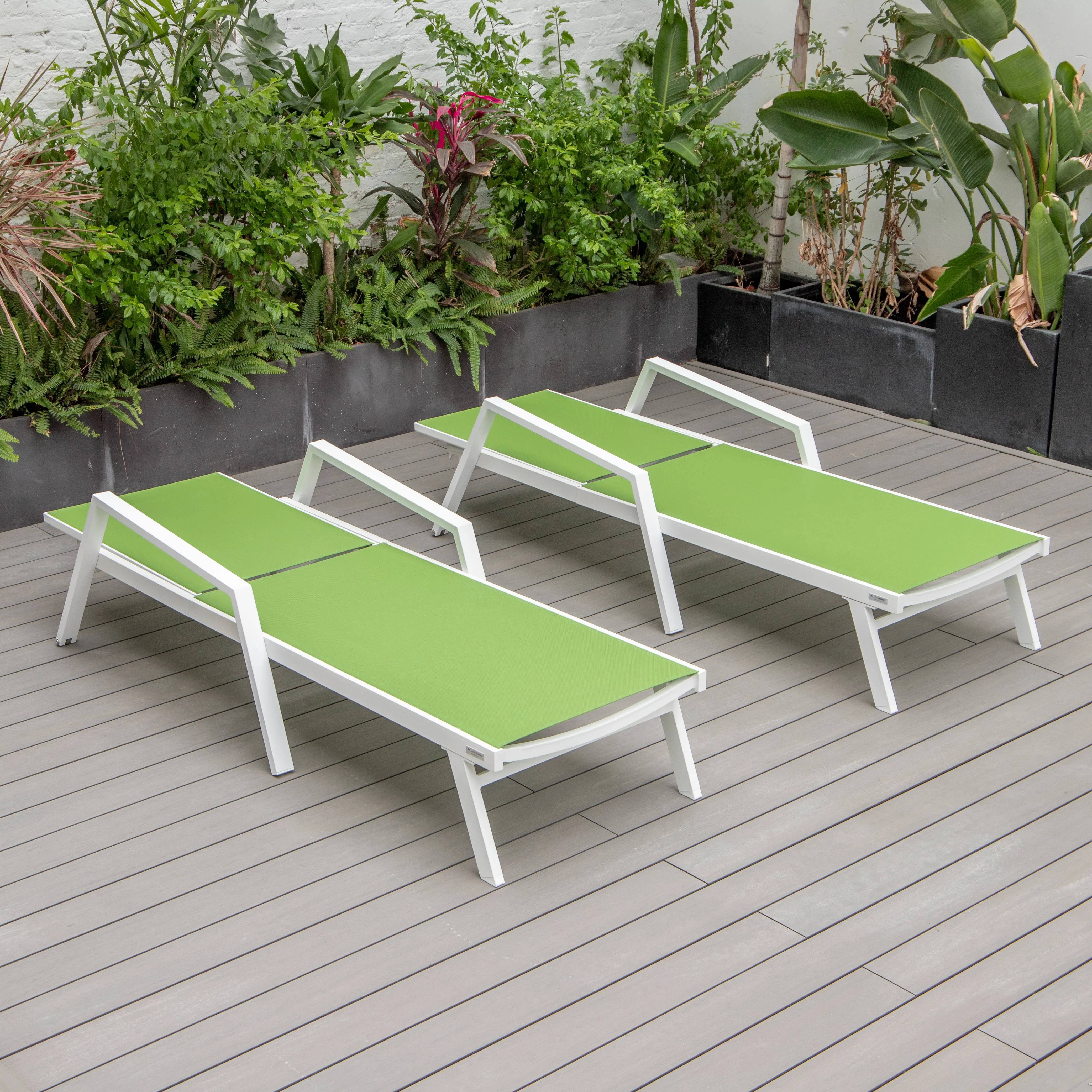 Marlin Patio Chaise Lounge Chair With Armrests in White Aluminum Frame, Set of 2 in Green
