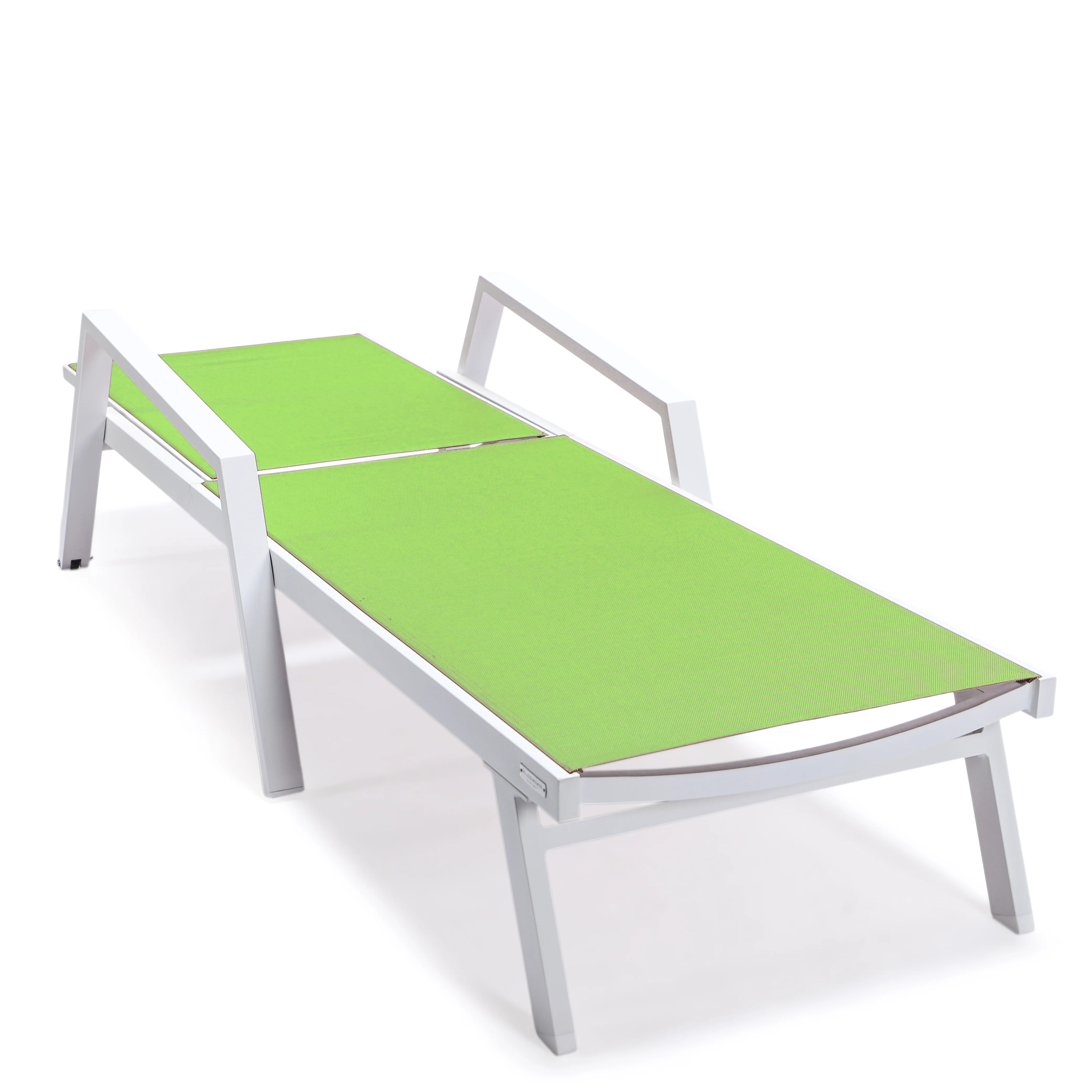 Marlin Patio Chaise Lounge Chair With Armrests in White Aluminum Frame, Set of 2 in Green
