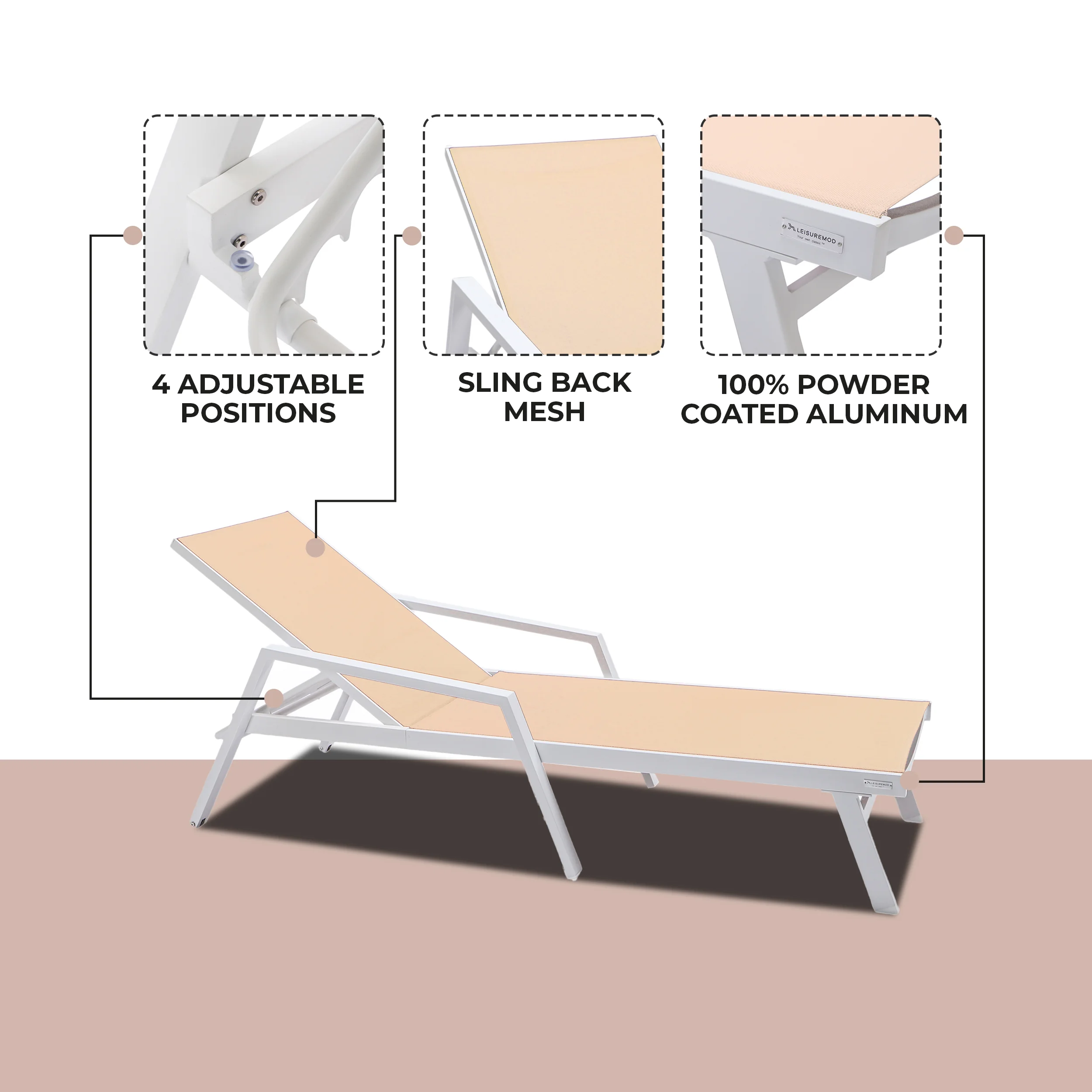 Marlin Patio Chaise Lounge Chair With Armrests in White Aluminum Frame