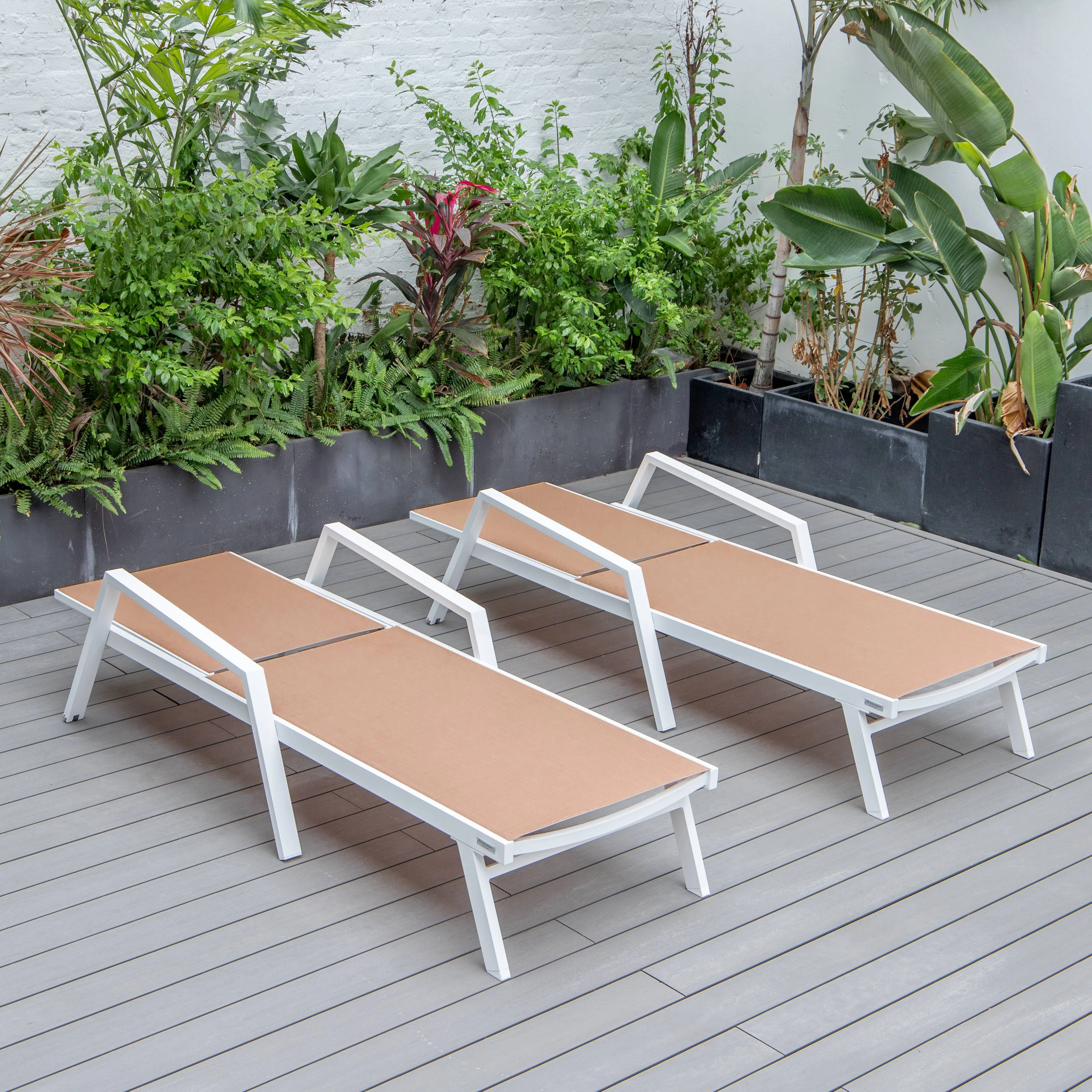 Marlin Patio Chaise Lounge Chair With Armrests in White Aluminum Frame, Set of 2 in Light Brown
