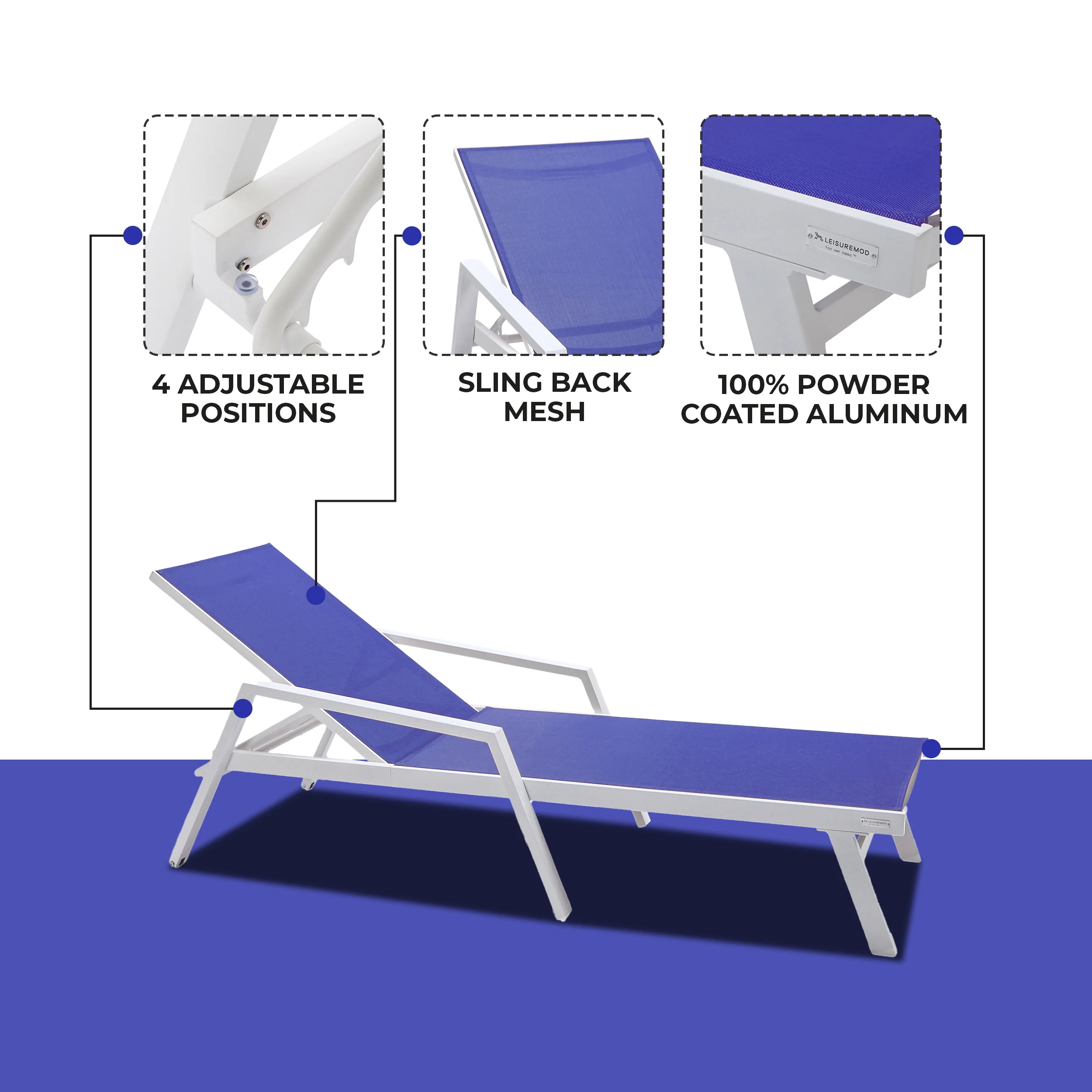 Marlin Patio Chaise Lounge Chair With Armrests in White Aluminum Frame