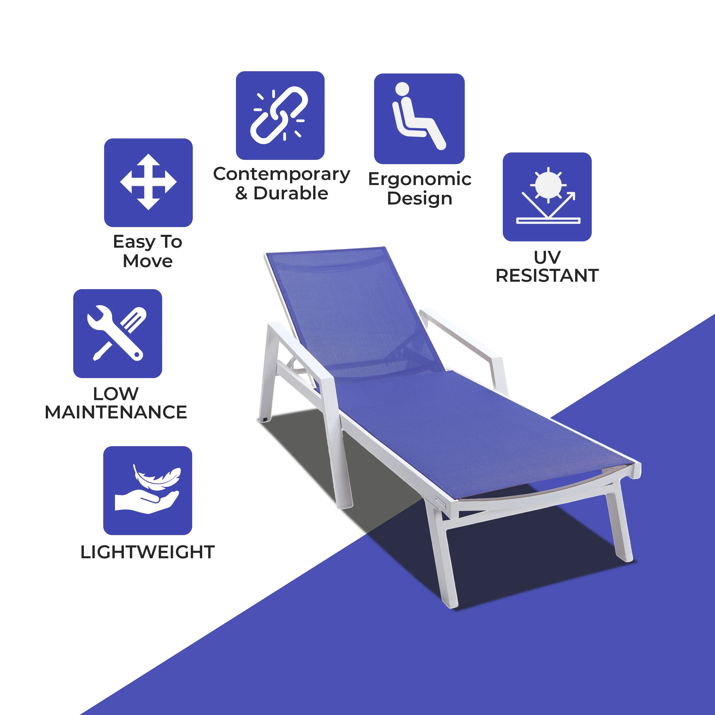 Marlin Patio Chaise Lounge Chair With Armrests in White Aluminum Frame