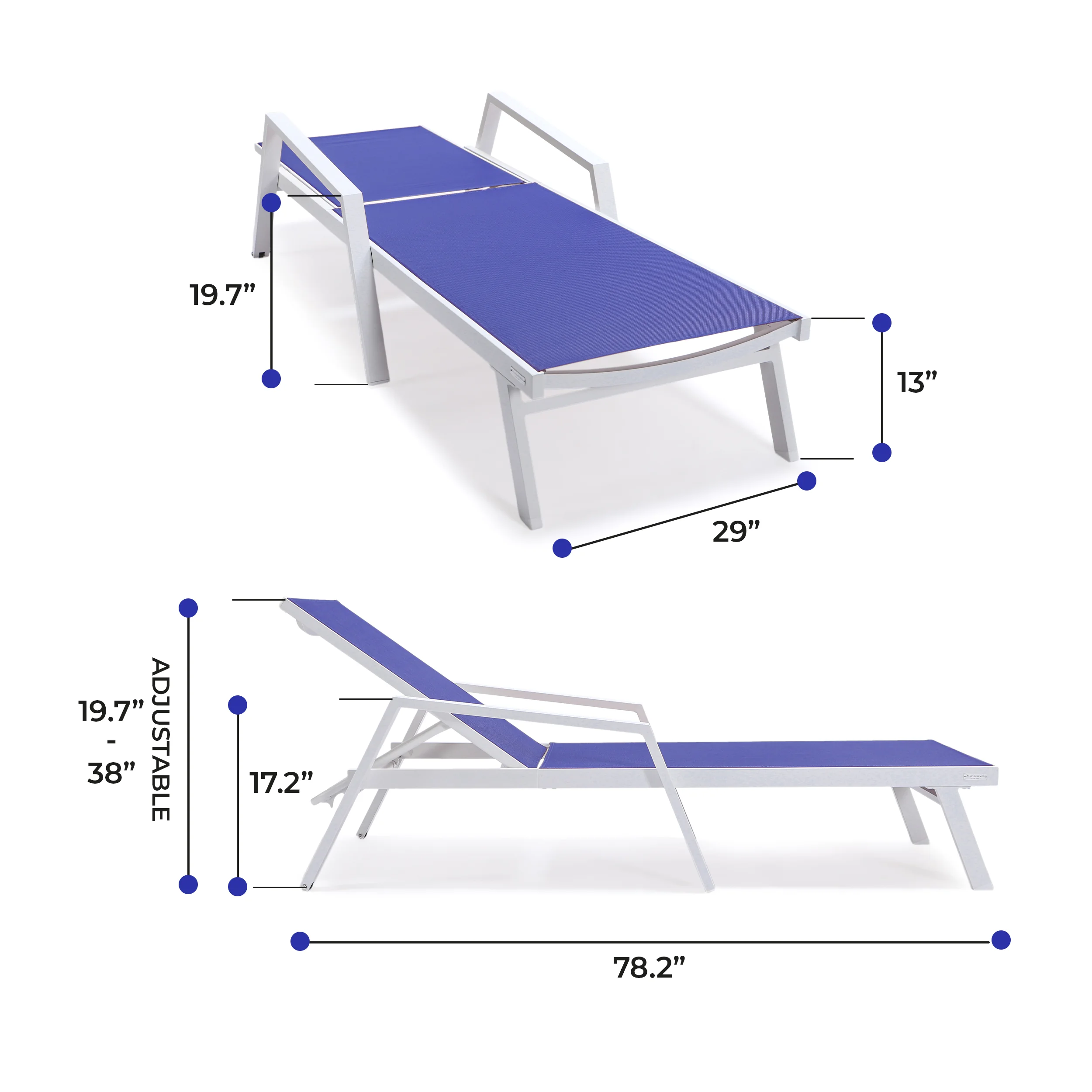 Marlin Patio Chaise Lounge Chair With Armrests in White Aluminum Frame