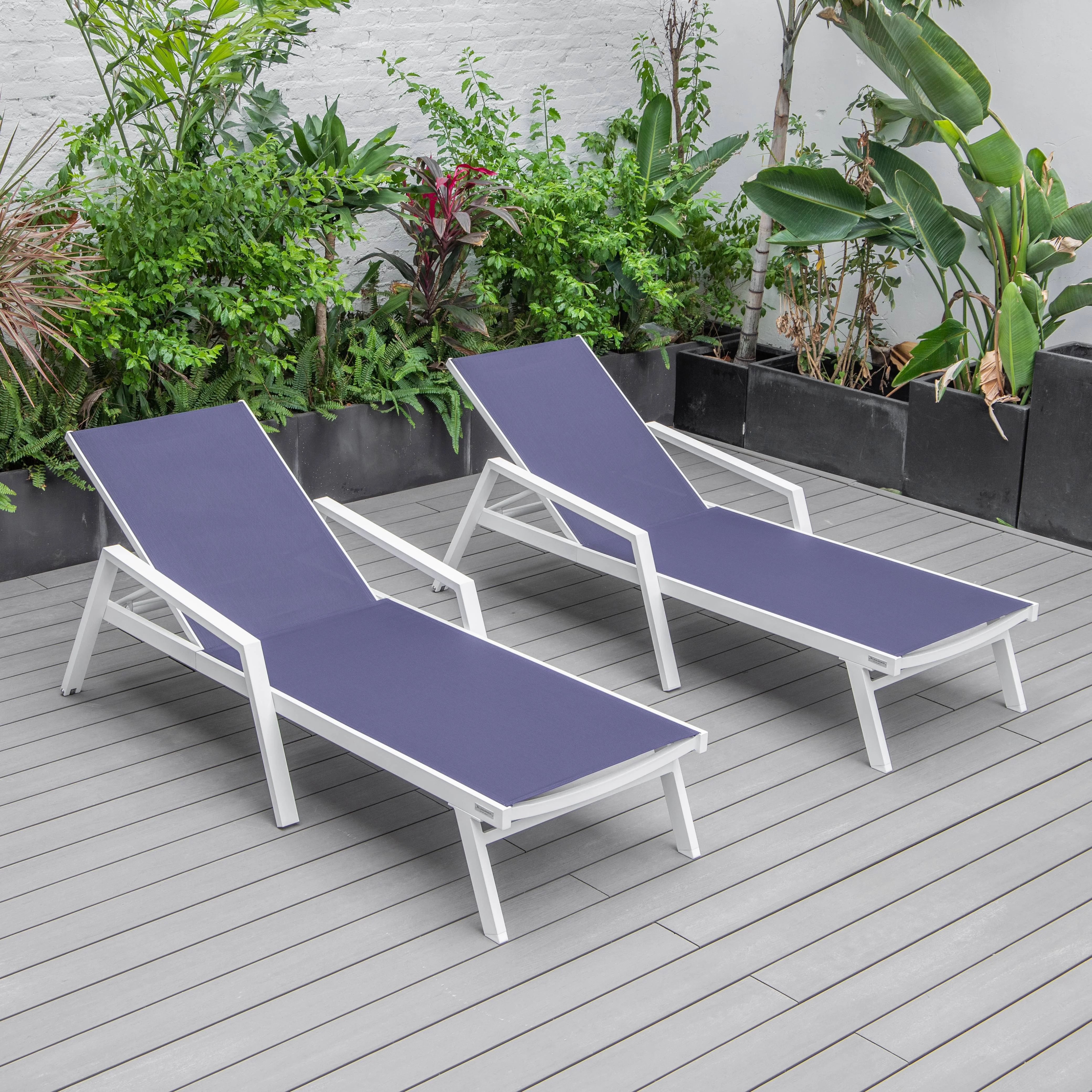 Marlin Patio Chaise Lounge Chair With Armrests in White Aluminum Frame, Set of 2 in Navy Blue