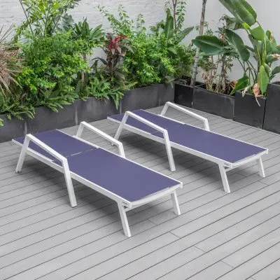 Marlin Patio Chaise Lounge Chair With Armrests in White Aluminum Frame, Set of 2 in Navy Blue