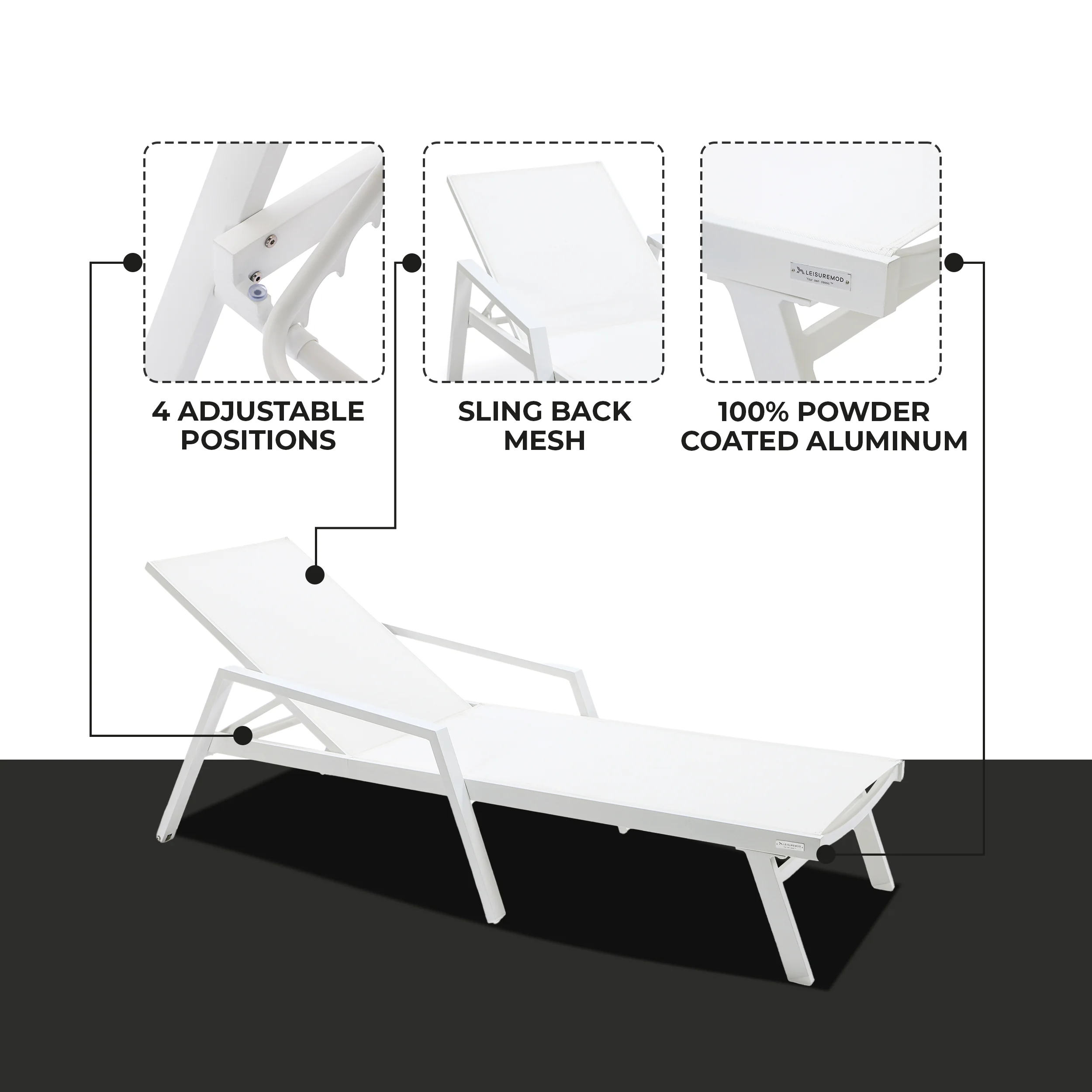 Marlin Patio Chaise Lounge Chair With Armrests in White Aluminum Frame