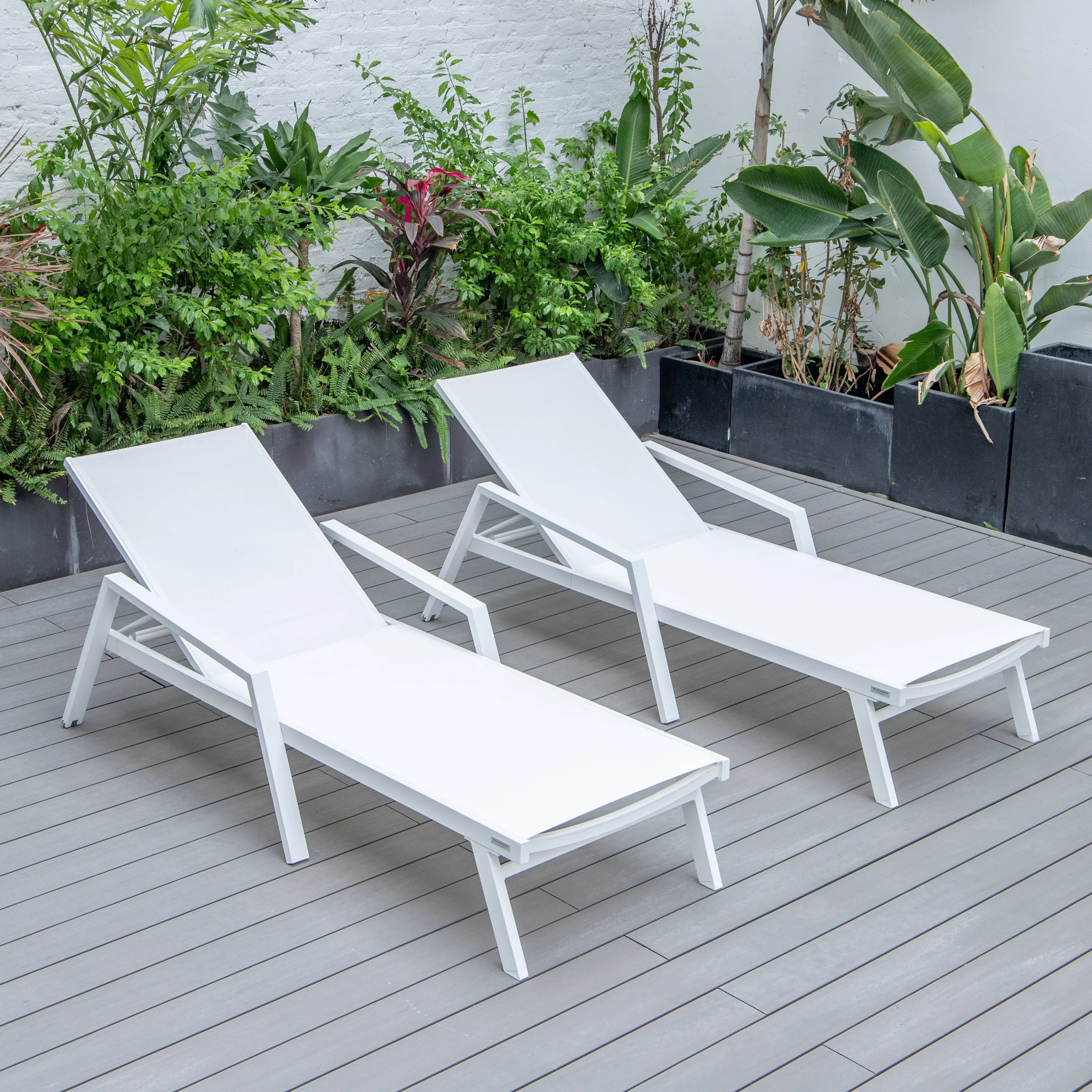 Marlin Patio Chaise Lounge Chair With Armrests in White Aluminum Frame, Set of 2 in White