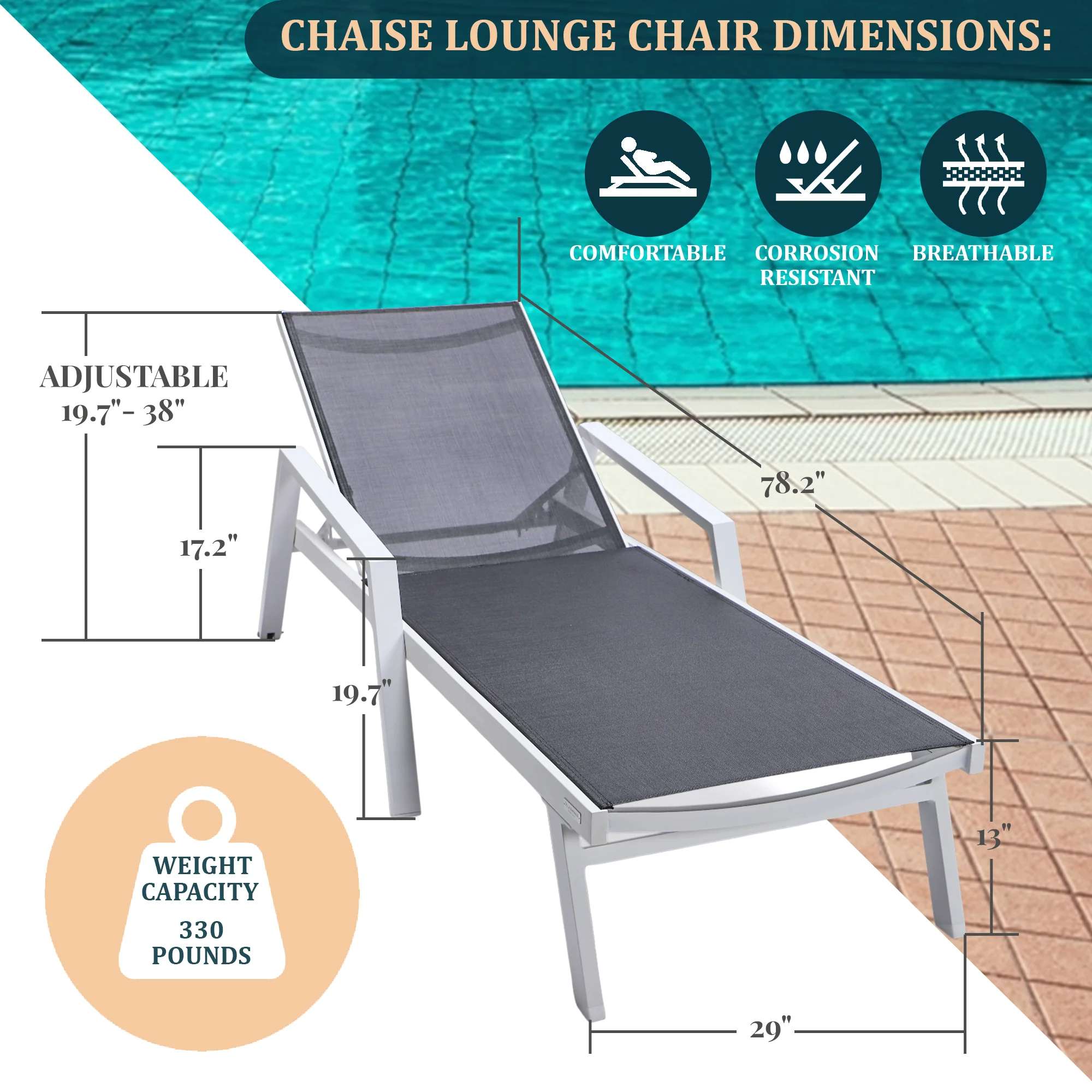 Marlin Modern White Aluminum Outdoor Patio Chaise Lounge Chair With Arms and Square Fire Pit Side Table Perfect for Patio, Lawn, and Garden