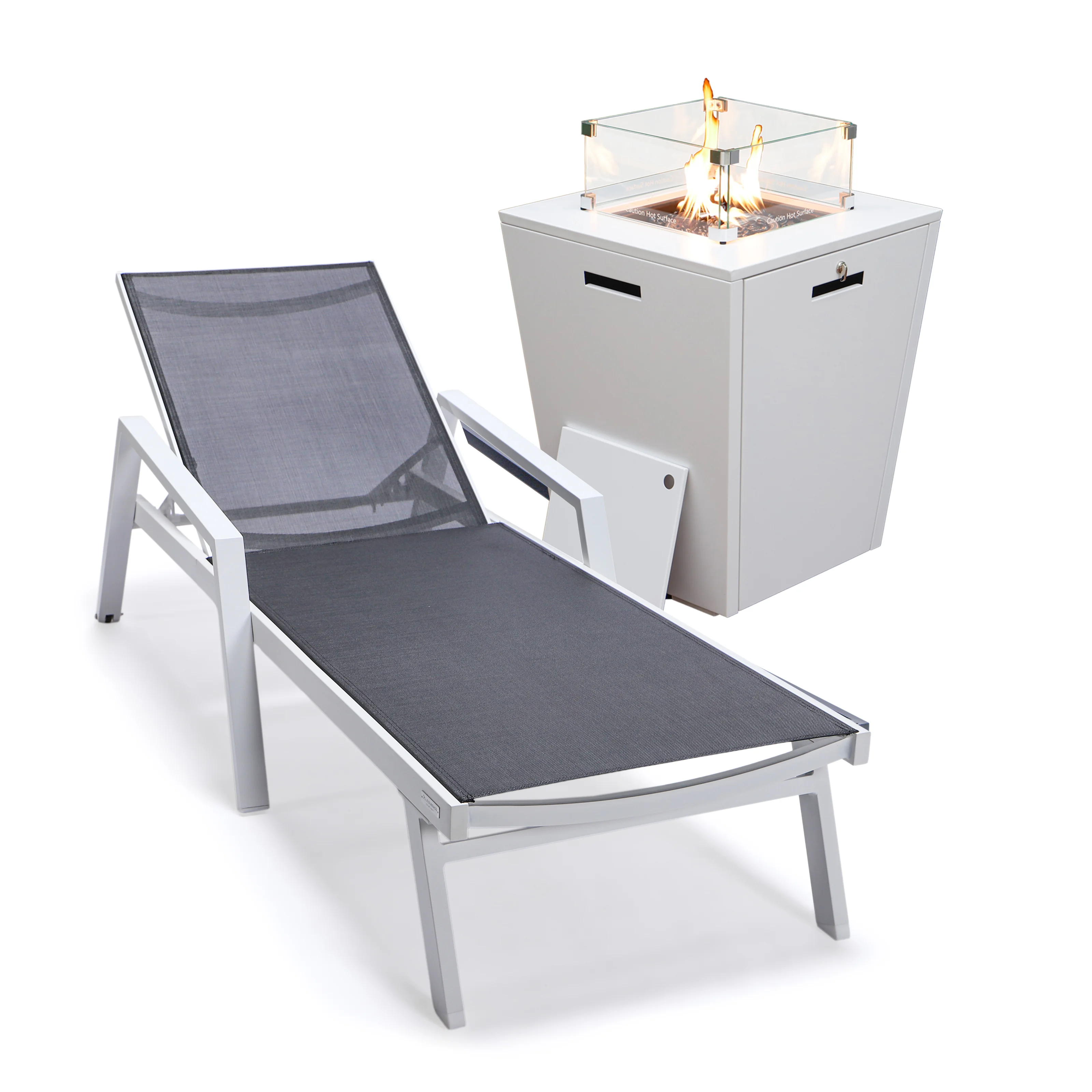 Marlin Modern White Aluminum Outdoor Patio Chaise Lounge Chair With Arms and Square Fire Pit Side Table Perfect for Patio, Lawn, and Garden