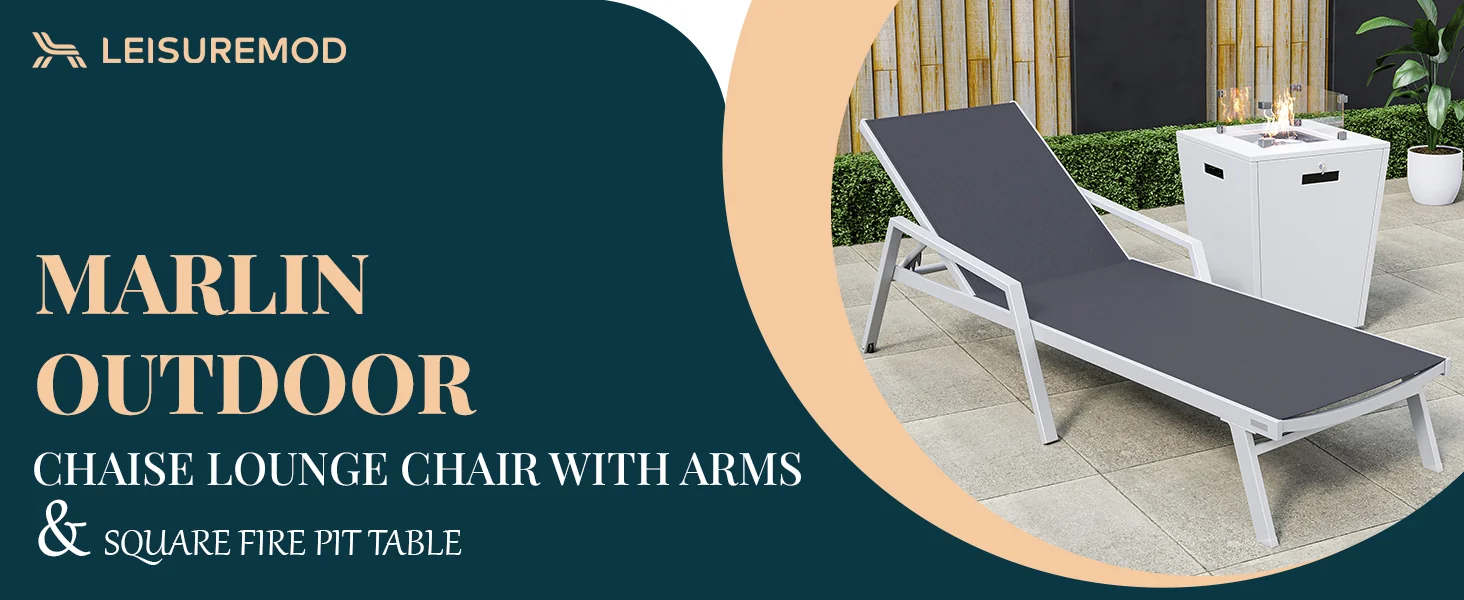 Marlin Modern Aluminum Outdoor Patio Chaise Lounge Chair With Arms Set of 2 with Square Fire Pit Side Table Perfect for Patio, Lawn, and Garden