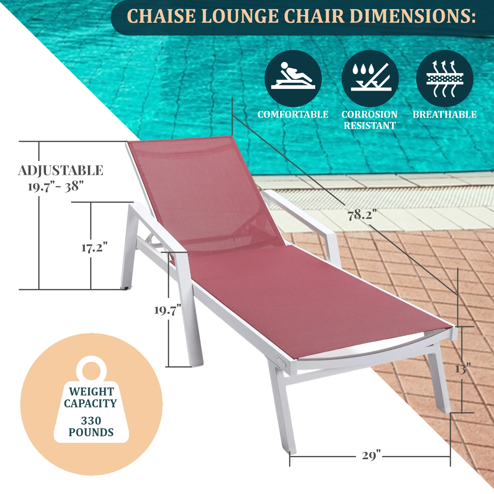 Marlin Modern White Aluminum Outdoor Patio Chaise Lounge Chair With Arms and Square Fire Pit Side Table Perfect for Patio, Lawn, and Garden